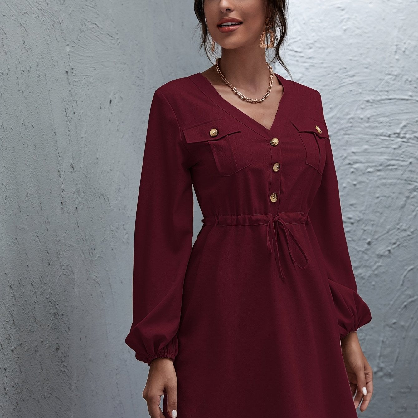 Antmvs Ditsy Floral Print Dress, Elegant V Neck Long Sleeve Dress With Buttons, Women's Clothing