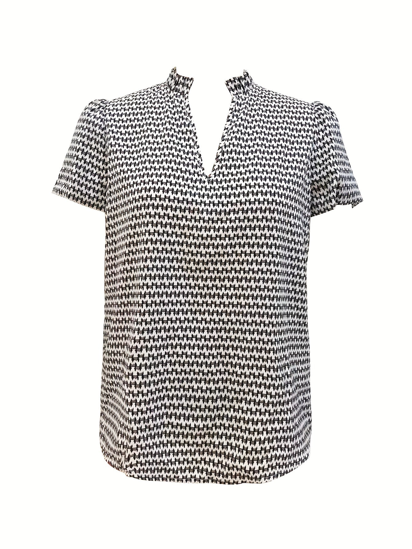 Antmvs Allover Print Notched Neck Blouse, Casual Short Sleeve Blouse For Spring & Summer, Women's Clothing