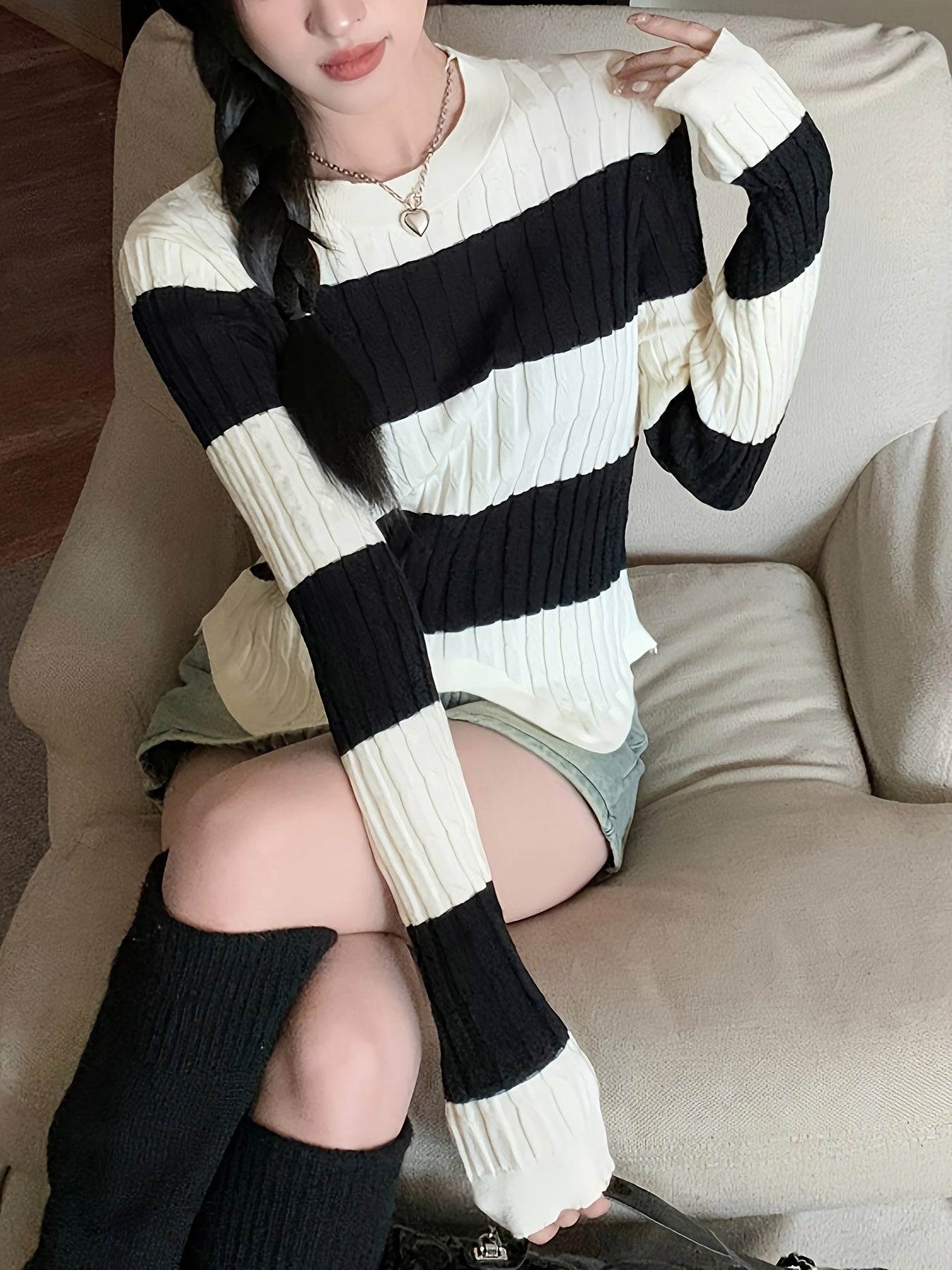 Antmvs Striped Print Crew Neck Sweater, Casual Long Sleeve Split Hem Sweater For Fall & Winter, Women's Clothing