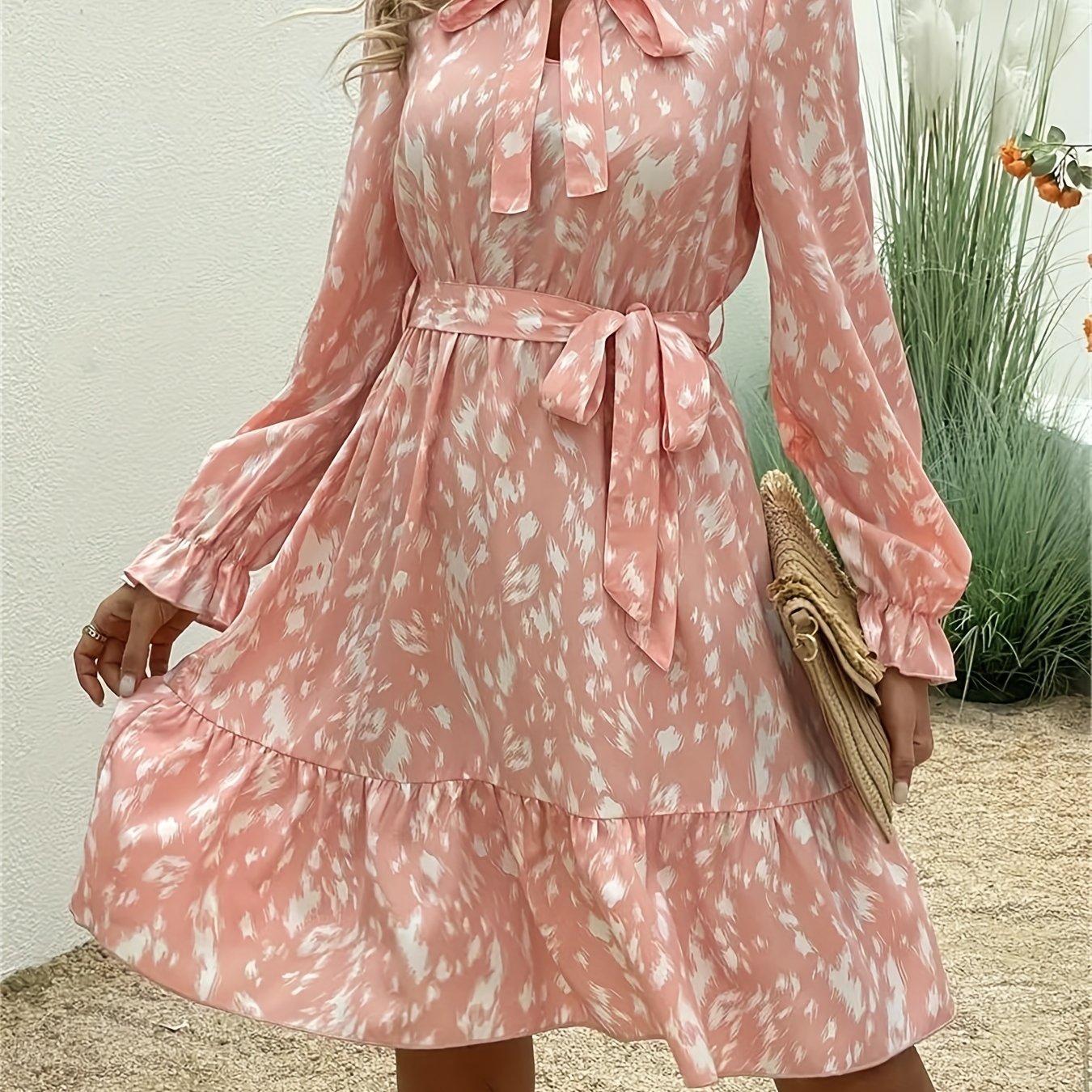 Antmvs Allover Print Tie Neck Dress, Boho Long Sleeve Ruffle Trim Dress, Women's Clothing