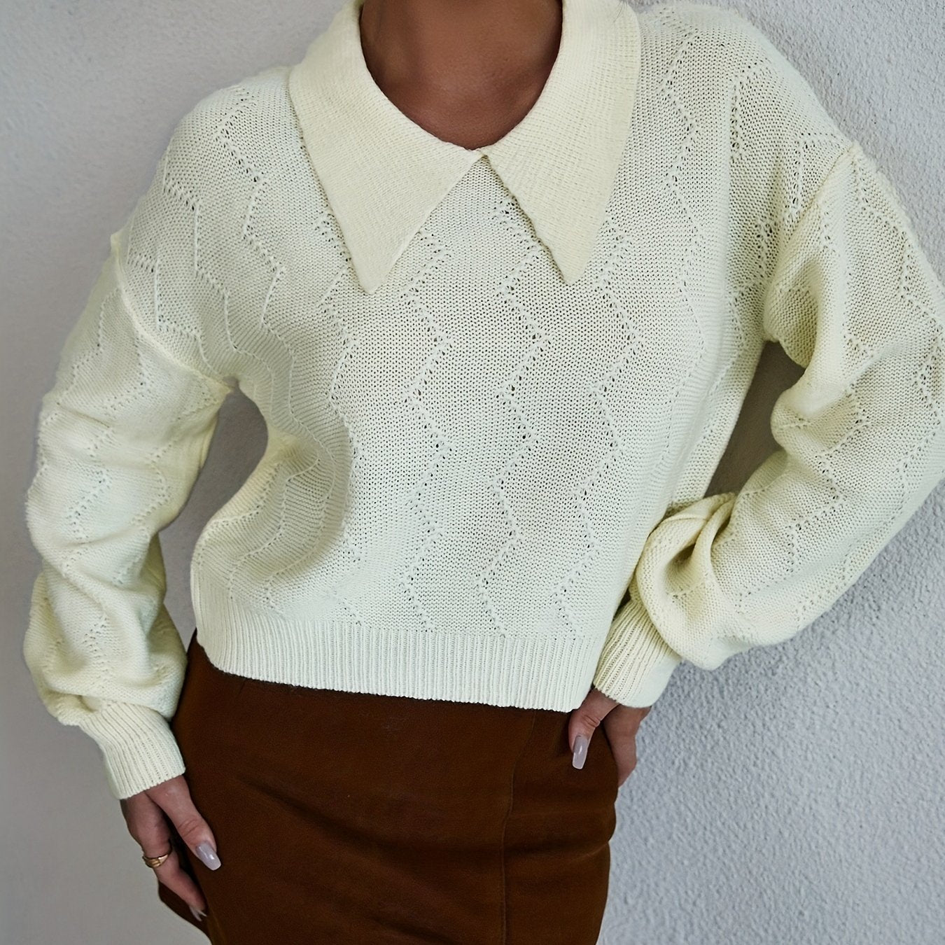 Antmvs Solid Polo Collar Pullover Sweater, Casual Long Sleeve Sweater For Spring & Fall, Women's Clothing