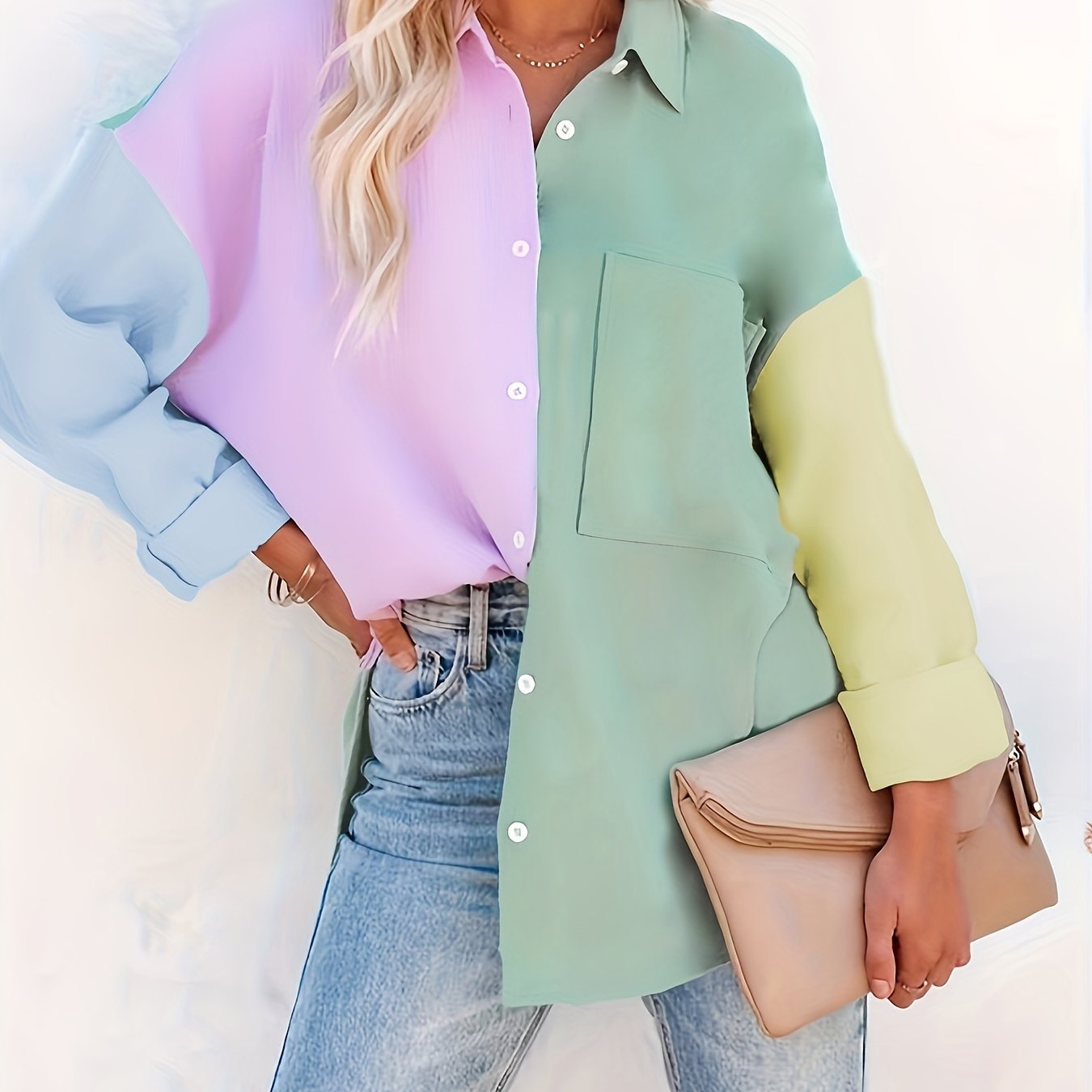 Antmvs Colorblock Polo Collar Button Shirt, Casual Pocket Long Sleeve Shirt For Spring & Fall, Women's Clothing