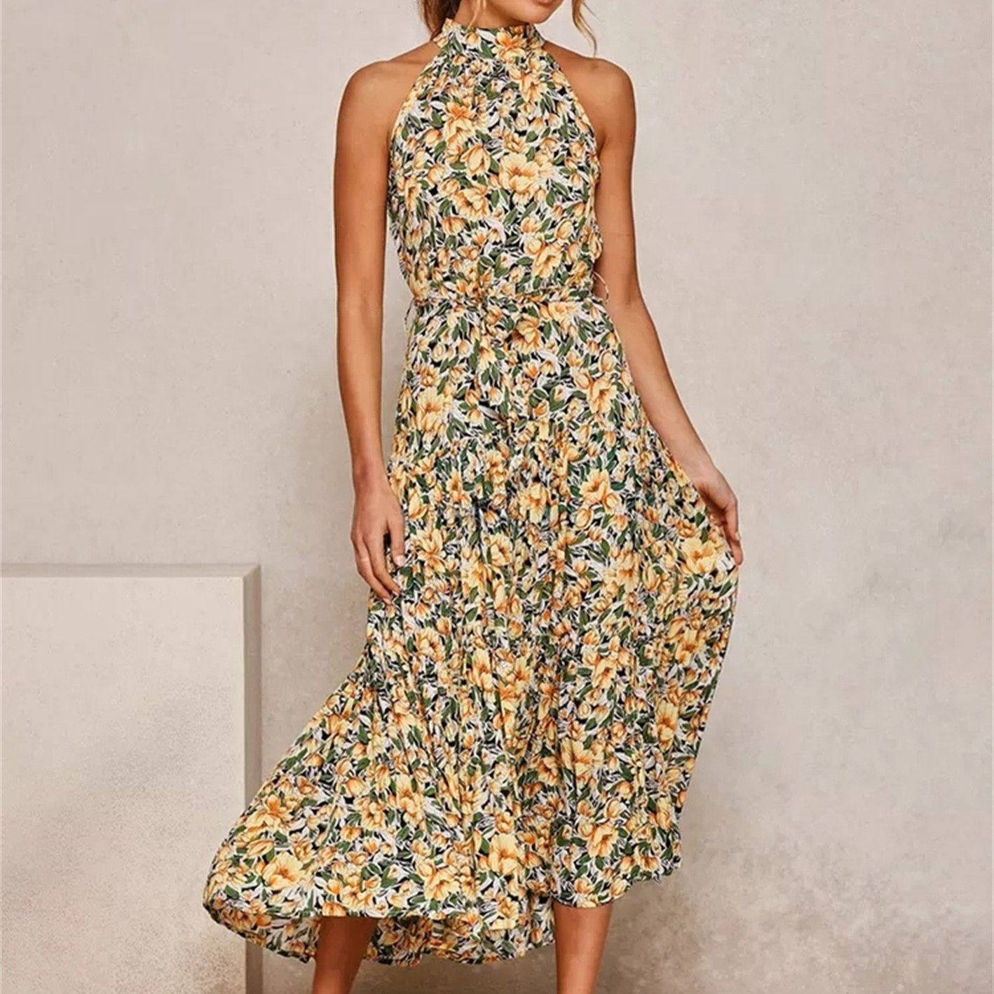 Antmvs Women's Dreses Halter Strapless Neck Floral Print Summer Vacation Dresses