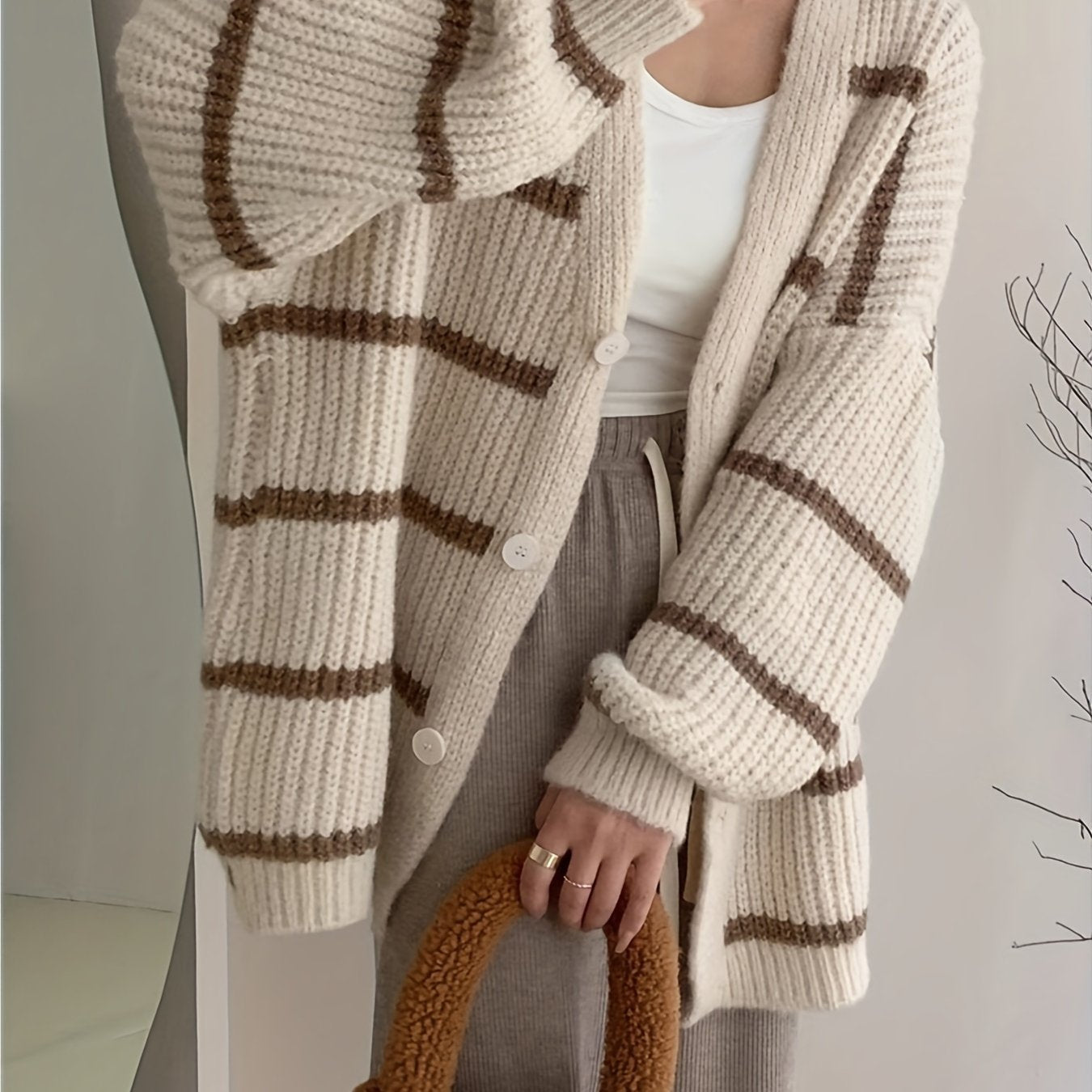 Antmvs Striped Button Down Knit Cardigan, Casual Long Sleeve Oversized Sweater, Women's Clothing