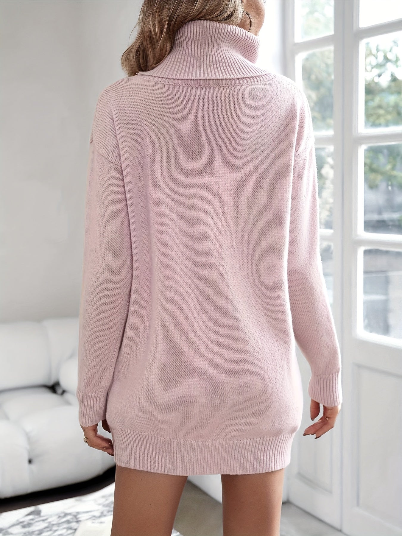Antmvs Turtleneck Rib Knit Dress, Casual Long Sleeve Simple Mini Dress, Women's Clothing