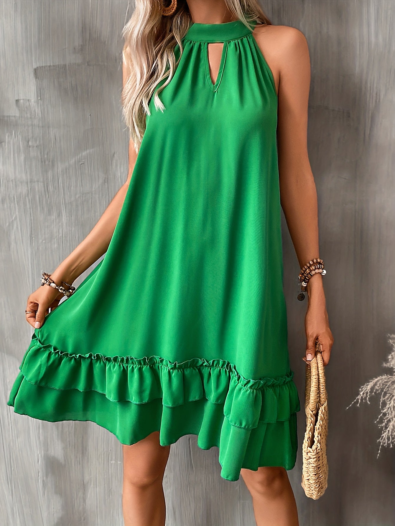 Antmvs Layered Keyhole Dress, Sexy Knotted Ruffle Hem Sleeveless Dress, Women's Clothing