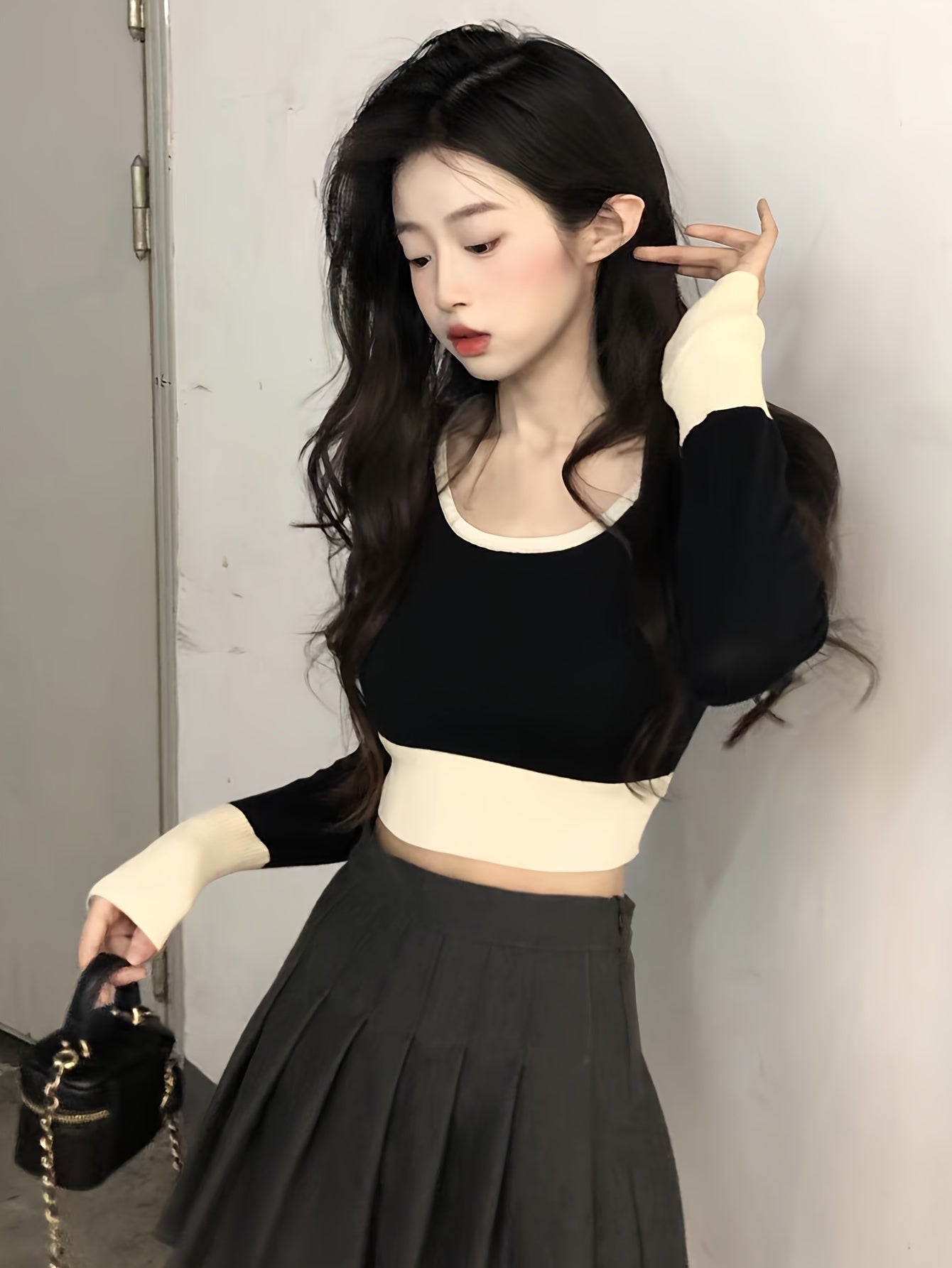 Antmvs Color Block Scoop Neck Knitted Top, Vintage Long Sleeve Crop Fashion Sweater, Women's Clothing