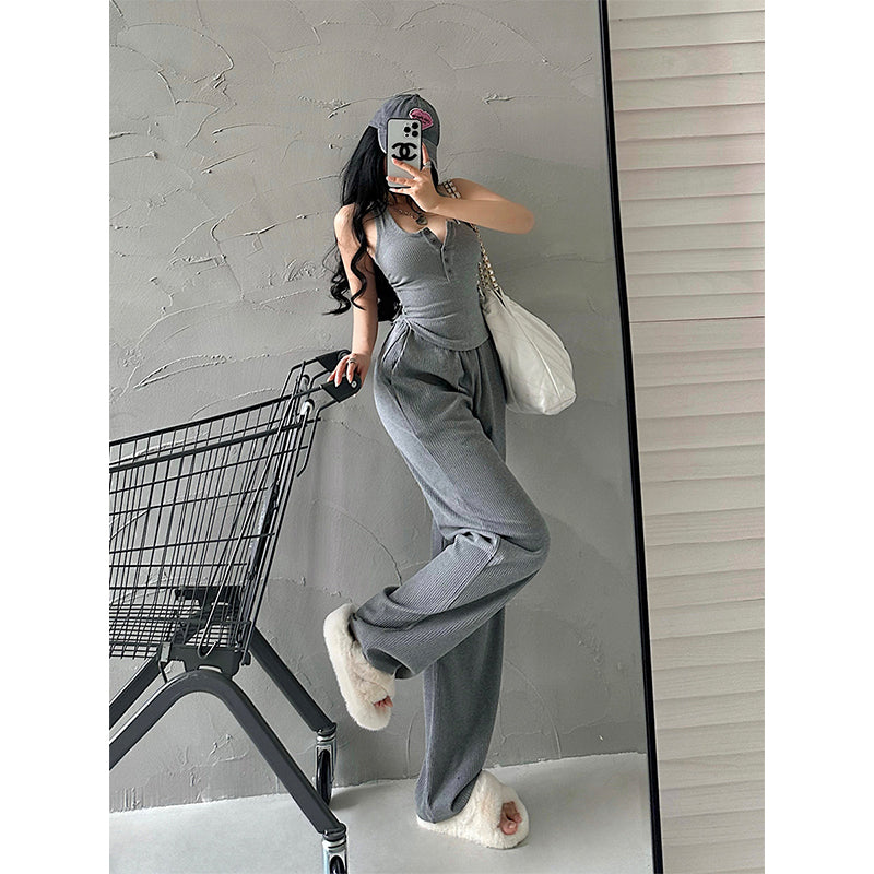 Antmvs Lia Solid Color Square Neck Wide Strap Ribbed Top + High Waist Straight Leg Pants Matching Set