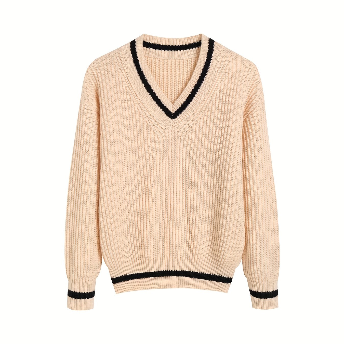 Antmvs Striped Print Knit Sweater, Casual V Neck Long Sleeve Sweater, Women's Clothing