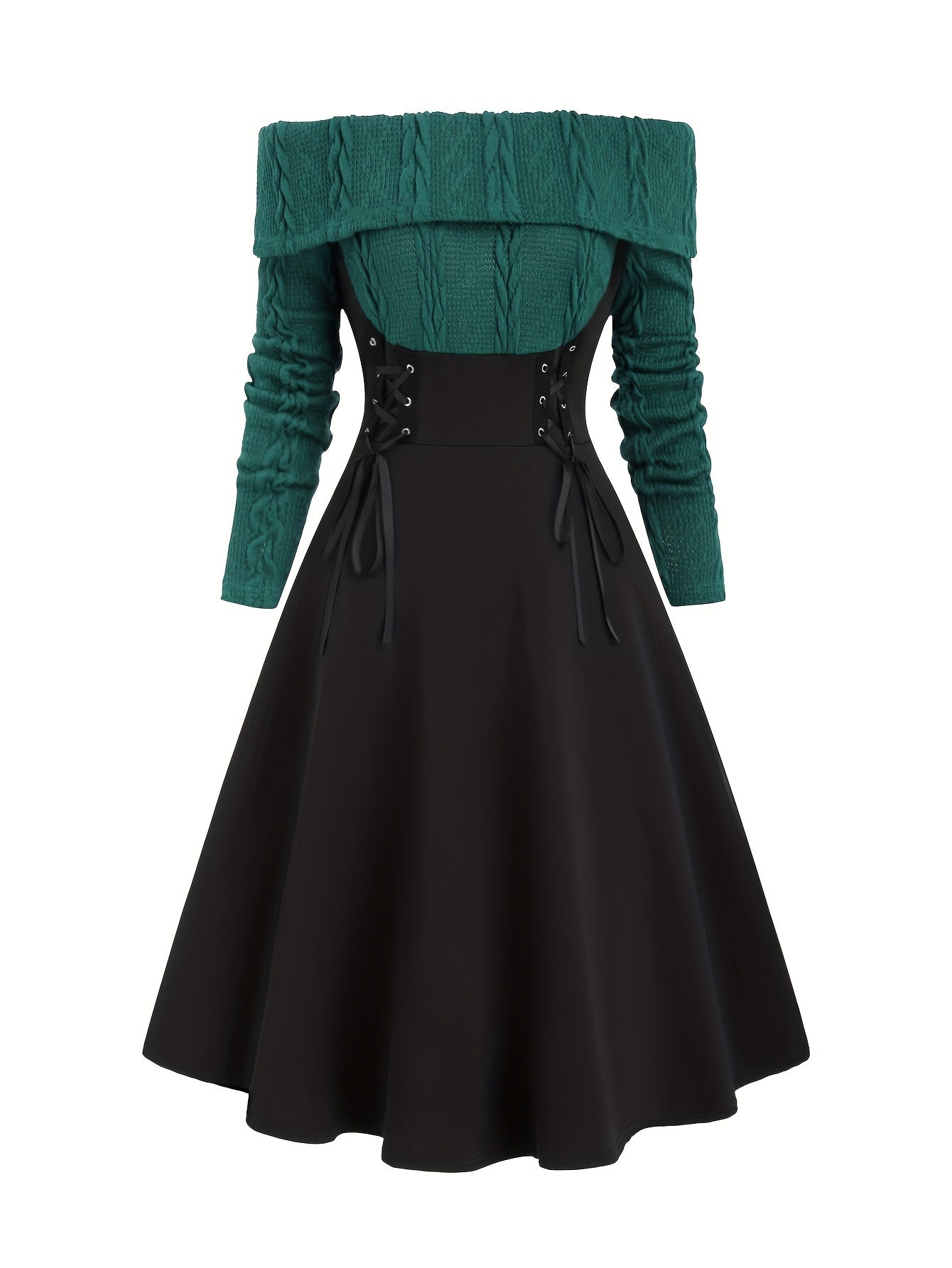 Antmvs Color Block Off Shoulder Dress, Elegant Vintage Long Sleeve Dress, Women's Clothing