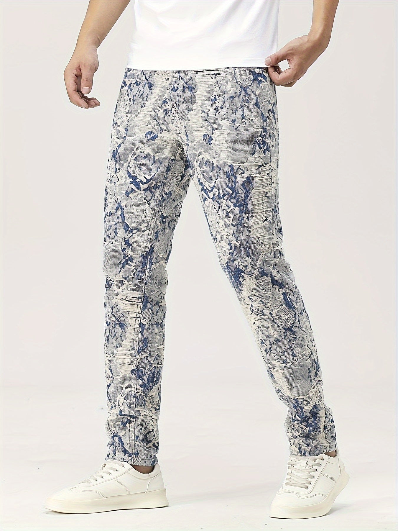 Antmvs Men's Jacquard 2pcs, Trendy Lapel Long Sleeve Jacket And Straight Leg Stylish Pants For Spring And Autumn