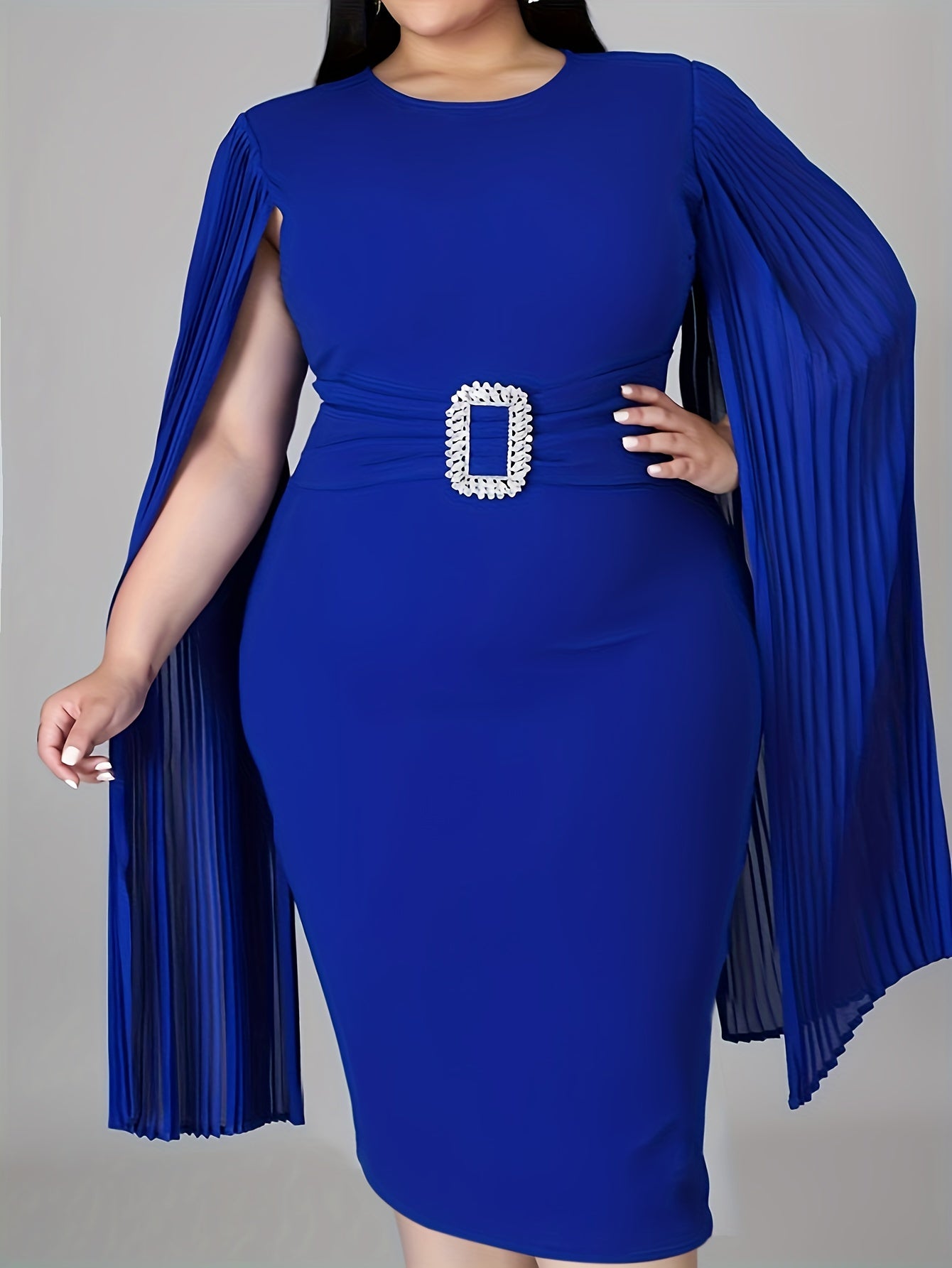 Antmvs Plus Size Elegant Wedding Guest Dress, Women's Plus Solid Cloak Sleeve Round Neck Rhinestone Buckle Belted Pleated Slim Party Formal Dress