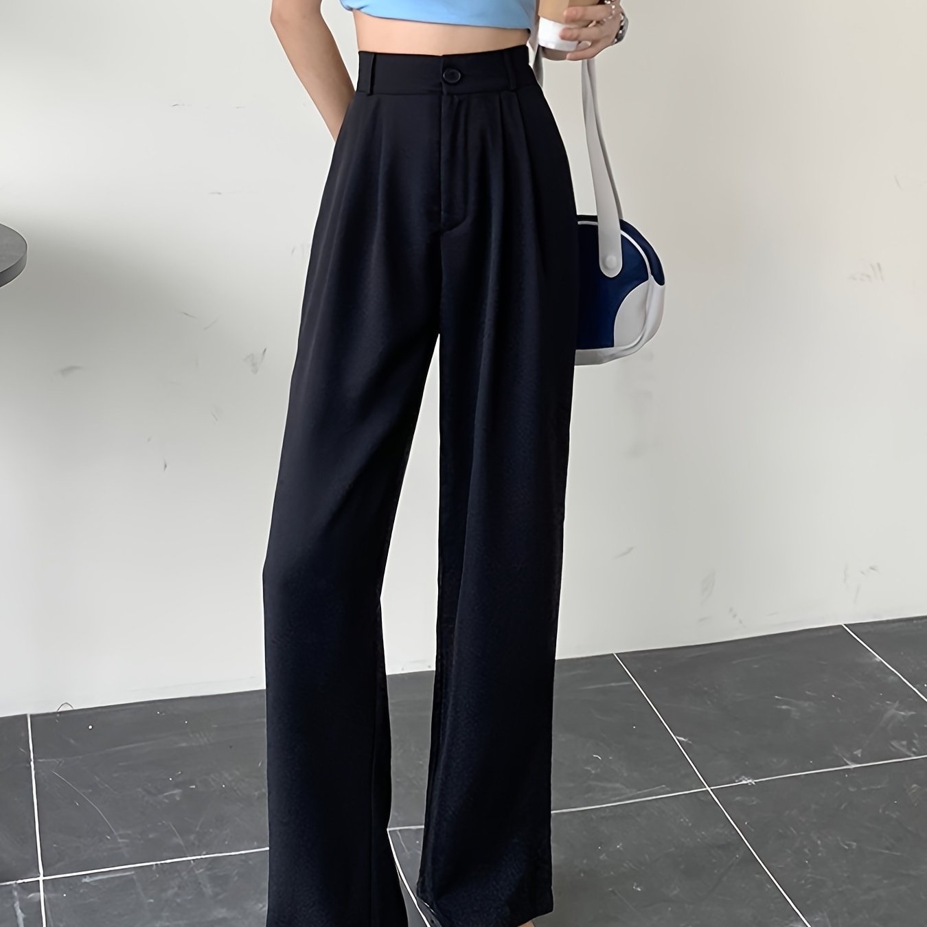 Antmvs Solid Draped Straight Leg Pants, Casual High Waist Loose Suit Pants, Women's Clothing