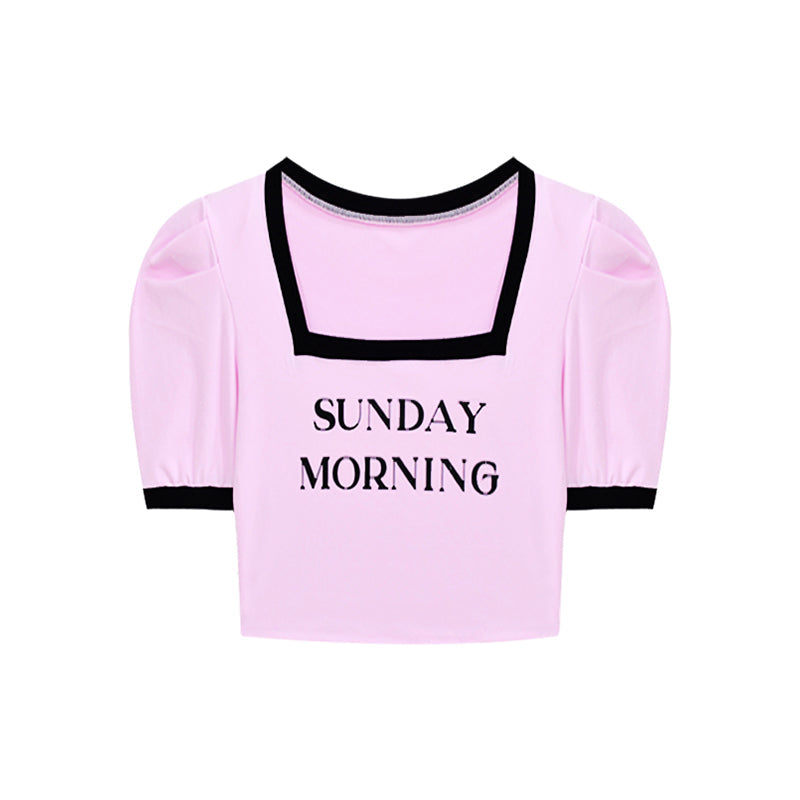 Antmvs SUNDAY MORNING Letter Print Square Neck Short Puffed Sleeve Slim Cropped Top