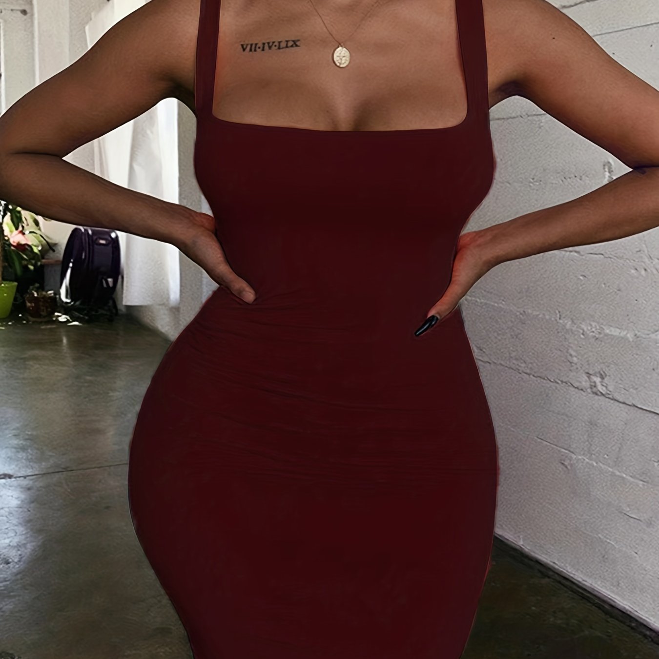 Antmvs Plus Size Sexy Dress, Women's Plus Plain Square Neck Medium Stretch Bodycon Tank Dress