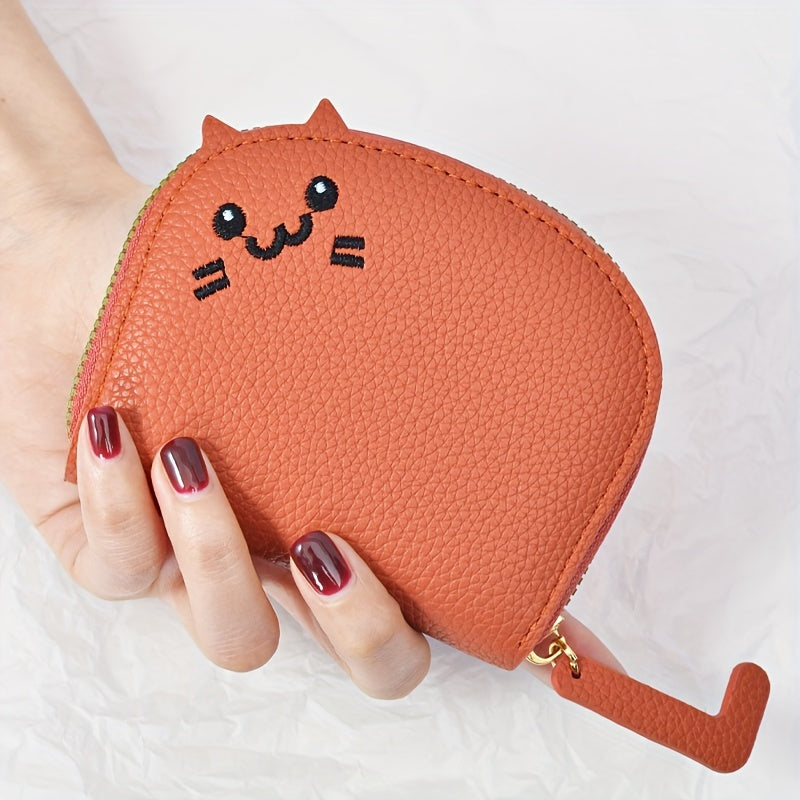 Cute Cartoon Cat Mini Coin Purse, Sweet Style Faux Leather Wallet With Multiple Card Slots(10.49cmx 8.99cm)