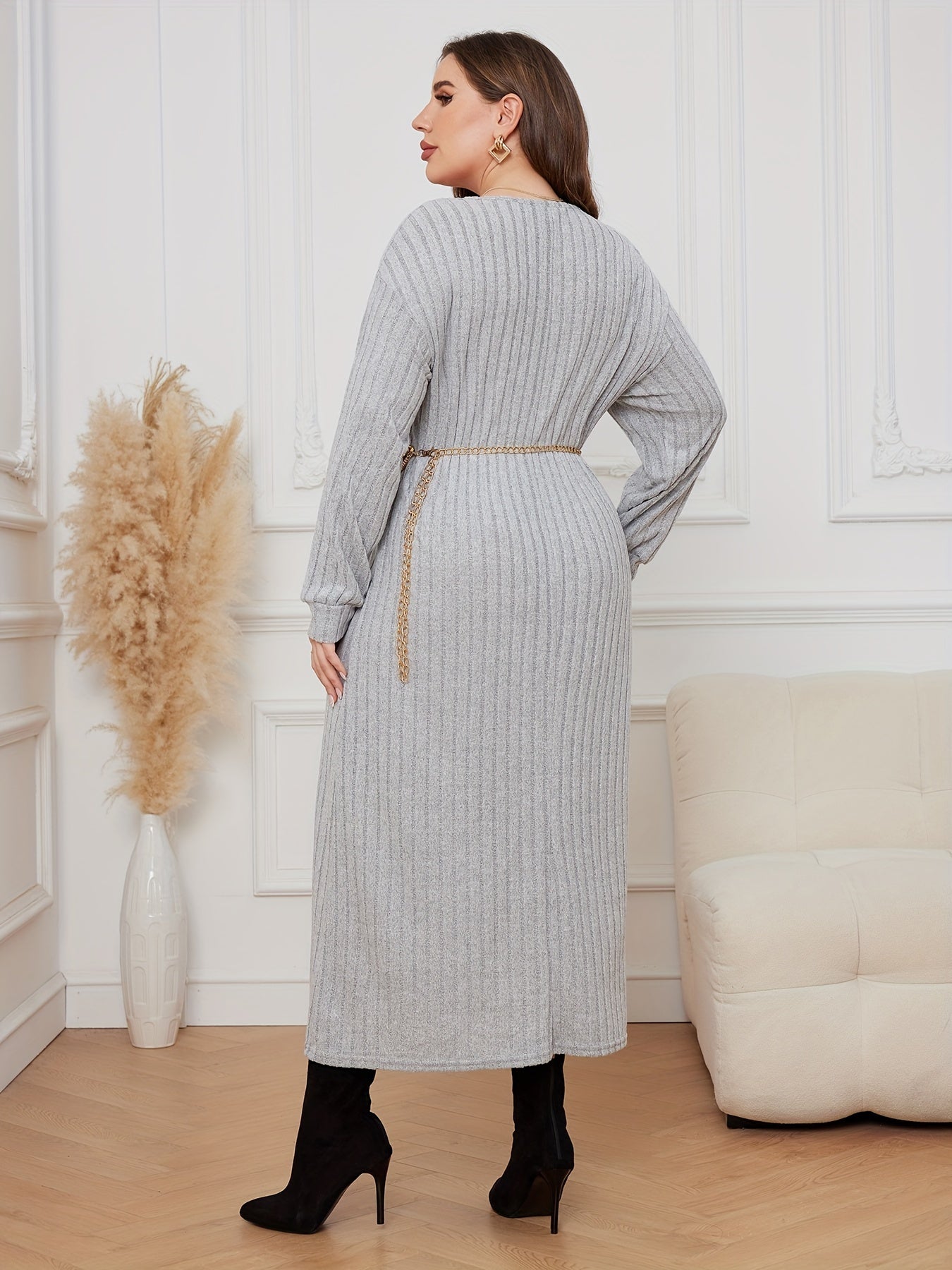 Antmvs Plus Size Casual Dress, Women's Plus Solid Ribbed Drop Shoulder Long Sleeve V Neck Midi Dress