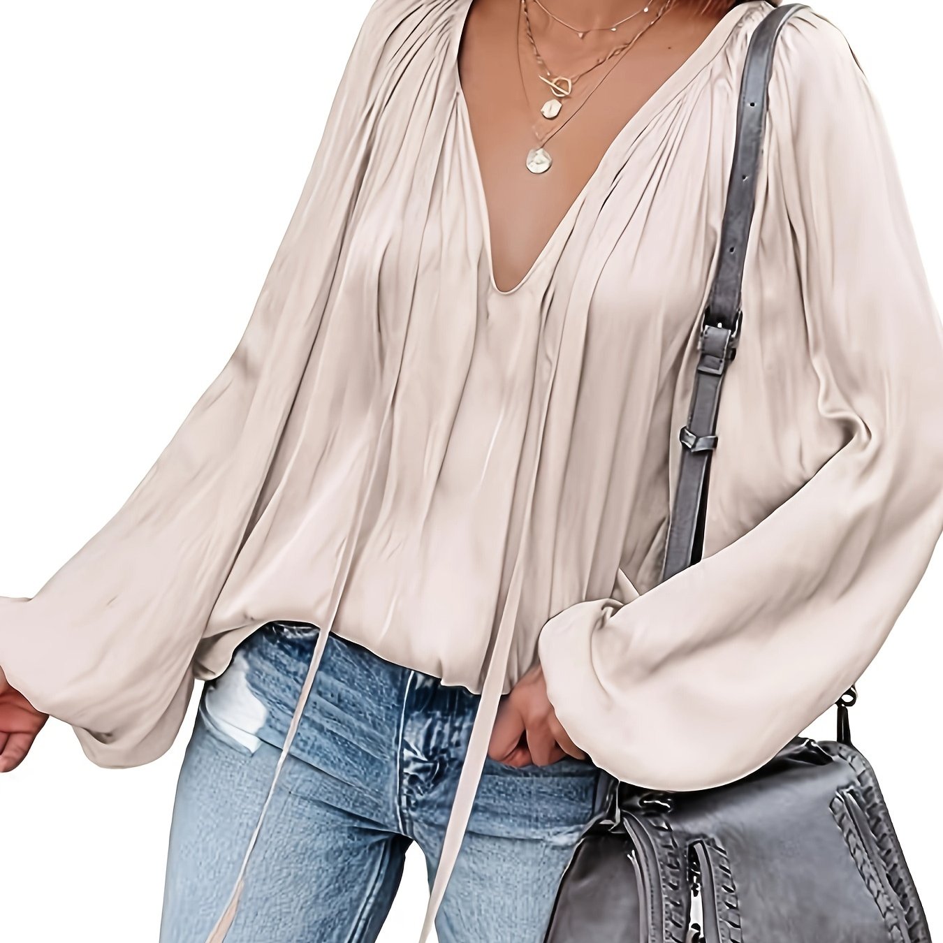 Antmvs Lantern Long Sleeve Satin Blouse, Elegant V Neck Tops For Spring & Summer, Women's Clothing