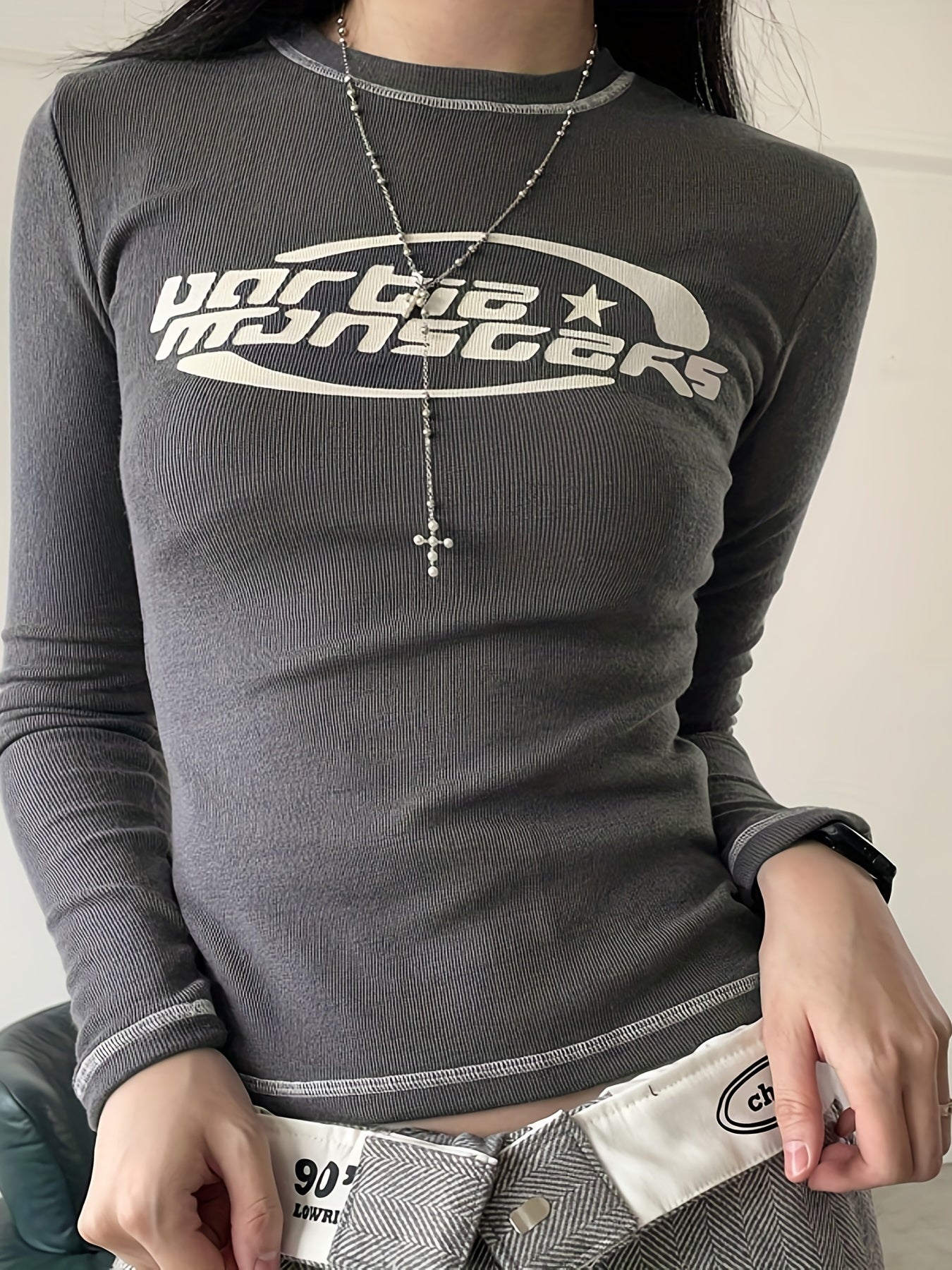 Antmvs Letter Print Top-stitching T-Shirt, Y2K Long Sleeve Slim T-Shirt For Spring & Fall, Women's Clothing