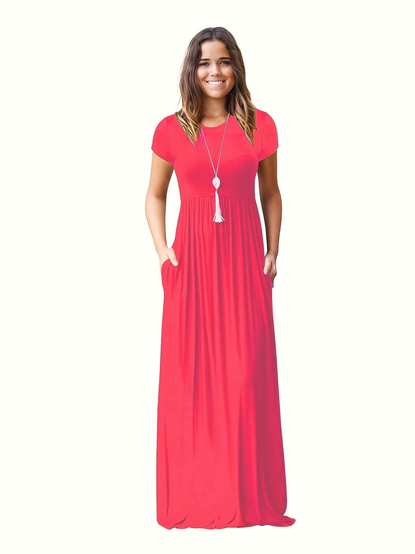 Antmvs Pleated Maxi Dress, Casual Crew Neck Short Sleeve Dress With Pockets, Women's Clothing