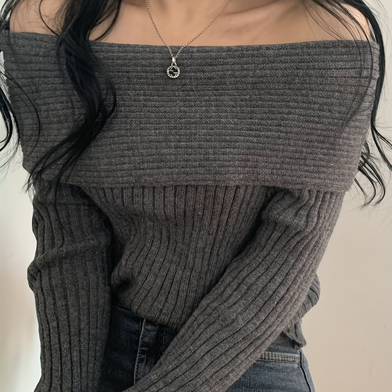 Antmvs Solid Off Shoulder Pullover Sweater, Casual Long Sleeve Fashion Sweater, Women's Clothing