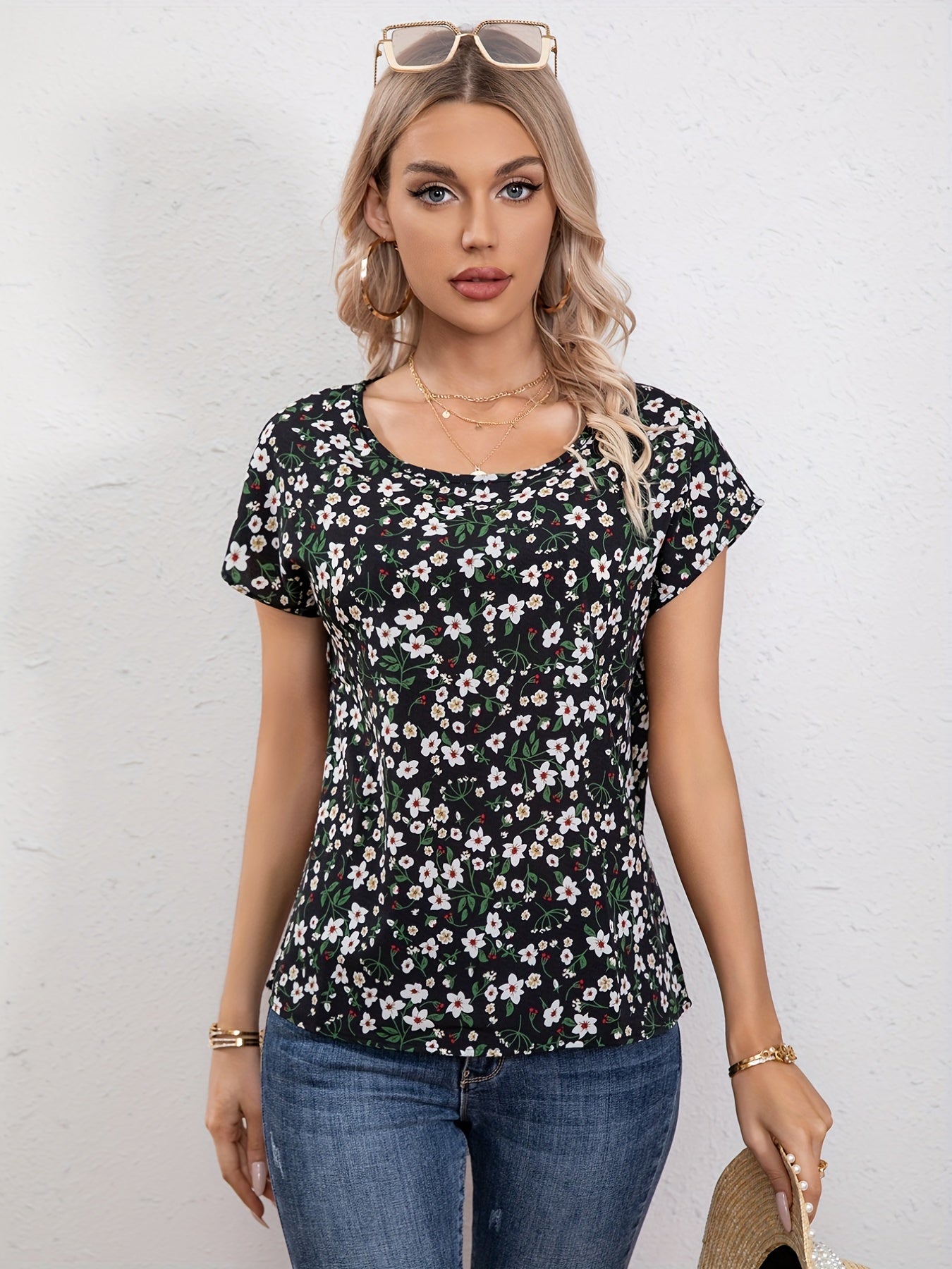 Antmvs Floral Print Crew Neck Blouse, Casual Short Sleeve Blouse For Spring & Summer, Women's Clothing
