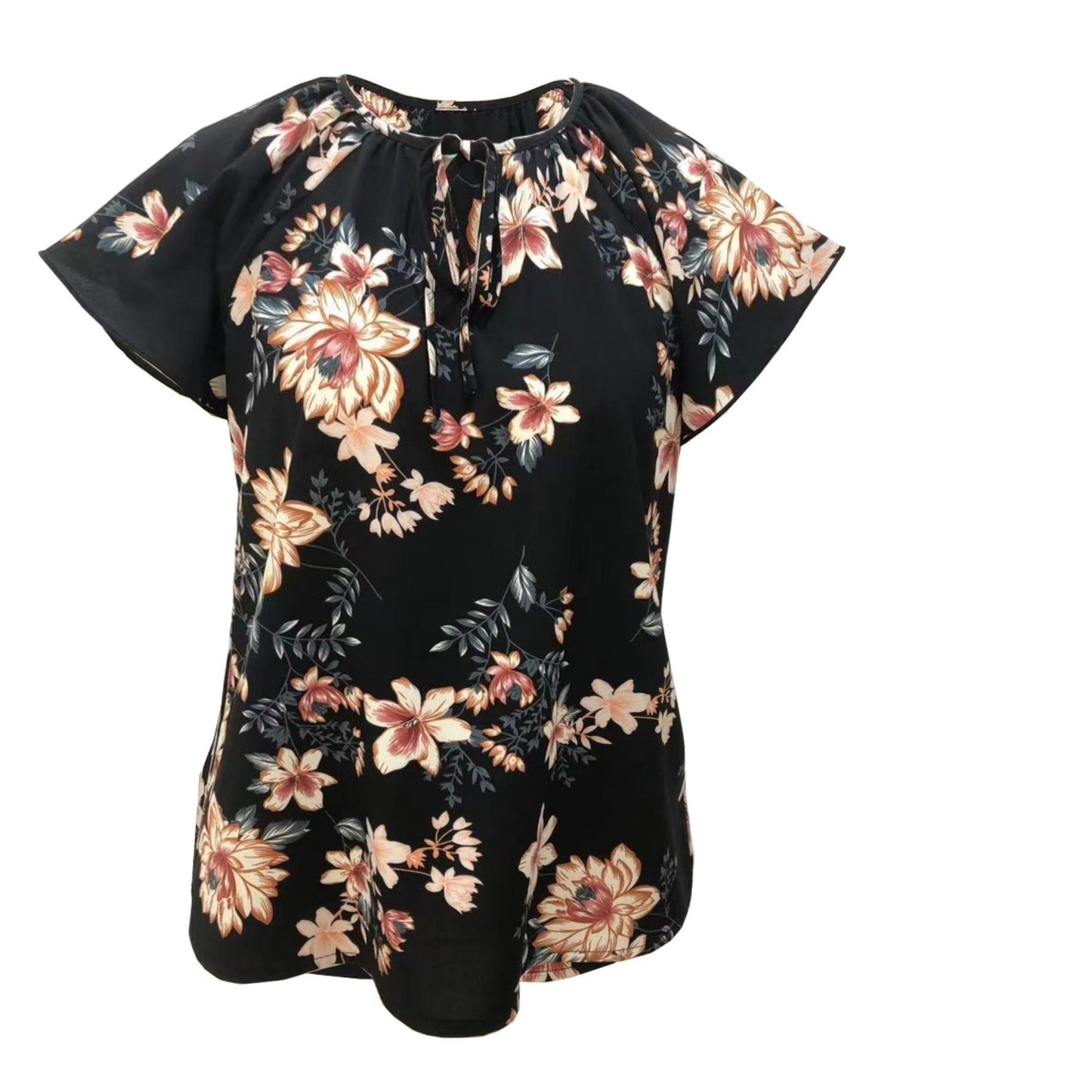 Antmvs Floral Print Drawstring Blouse, Elegant V Neck Short Sleeve Blouse, Women's Clothing