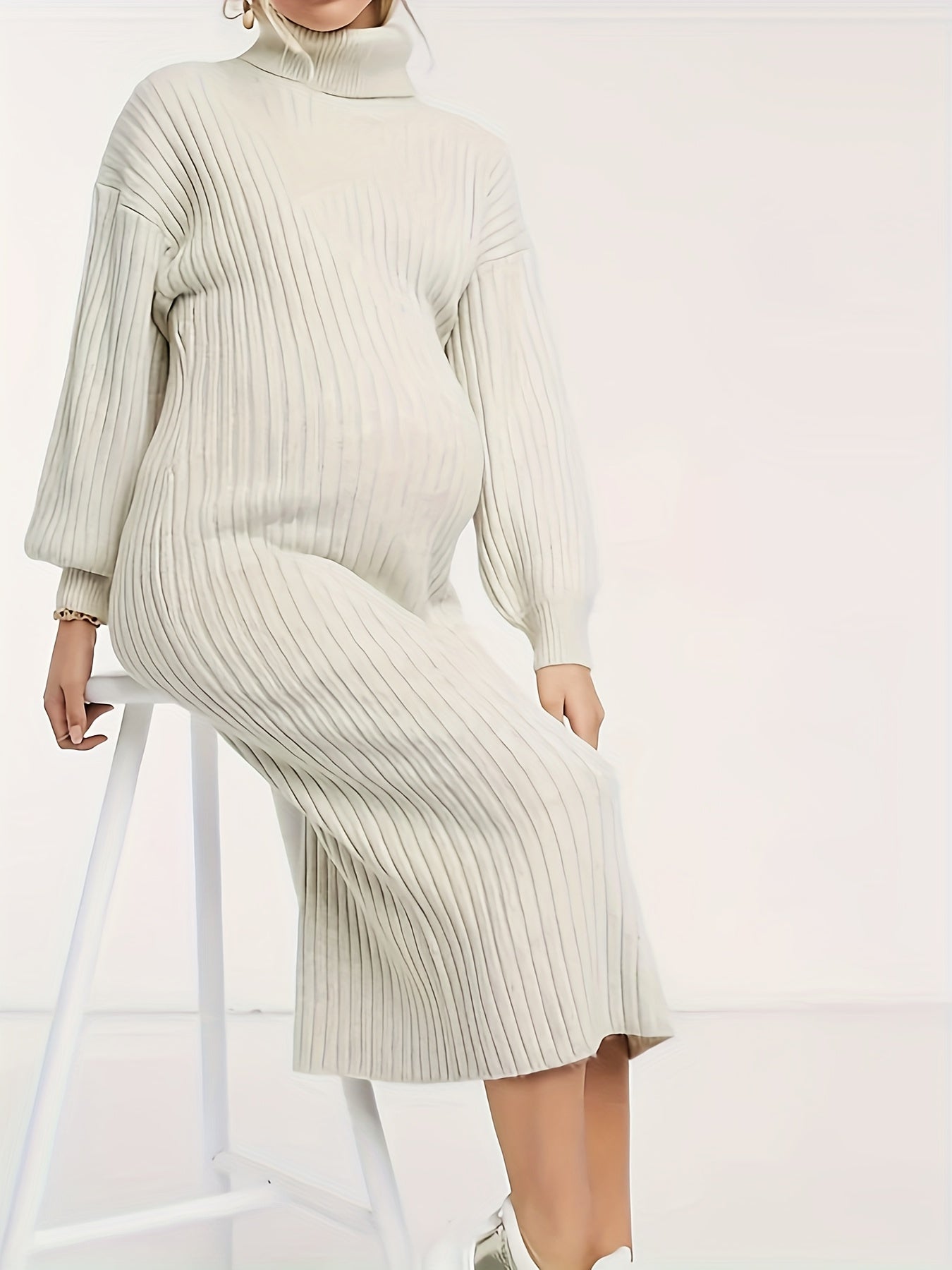 Antmvs Women's Casual Turtleneck Mid-length Maternity Dress, Fall Winter