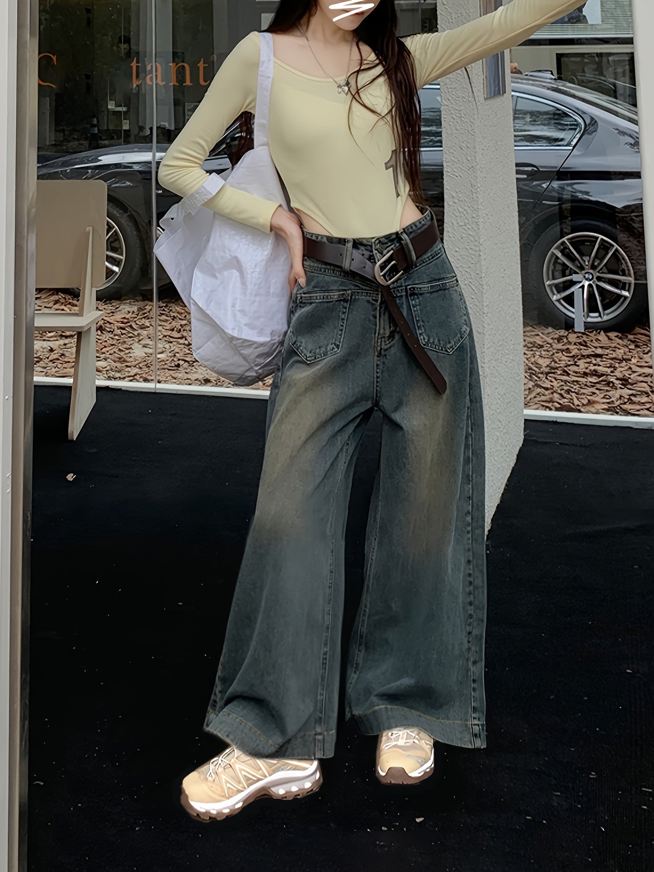Antmvs High Waist Washed Baggy Jeans, Fleece Liner Loose Fit Without Waistband Wide Legs Jeans, Women's Denim Jeans & Clothing