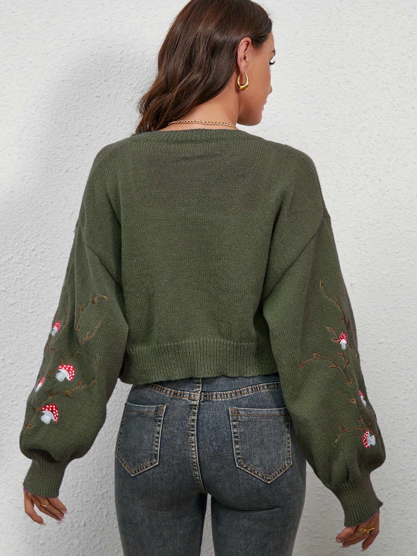Antmvs Mushroom Embroidered Print Knit Cardigan, Casual Button Front Long Sleeve Sweater, Women's Clothing