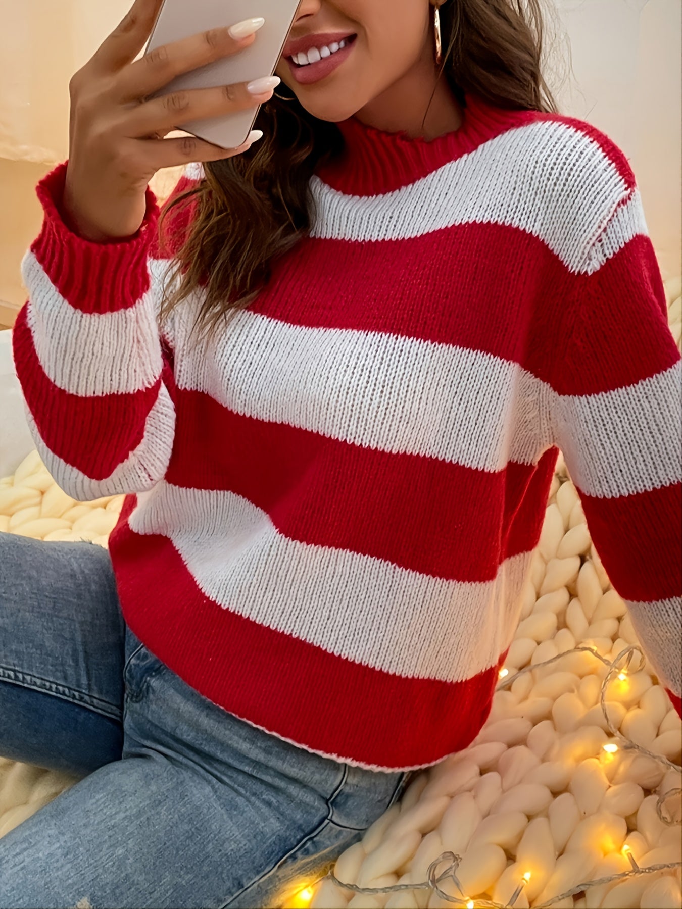 Antmvs Striped Crew Neck Sweater, Casual Color Block Long Sleeve Loose Fall Winter Knit Sweater, Women's Clothing