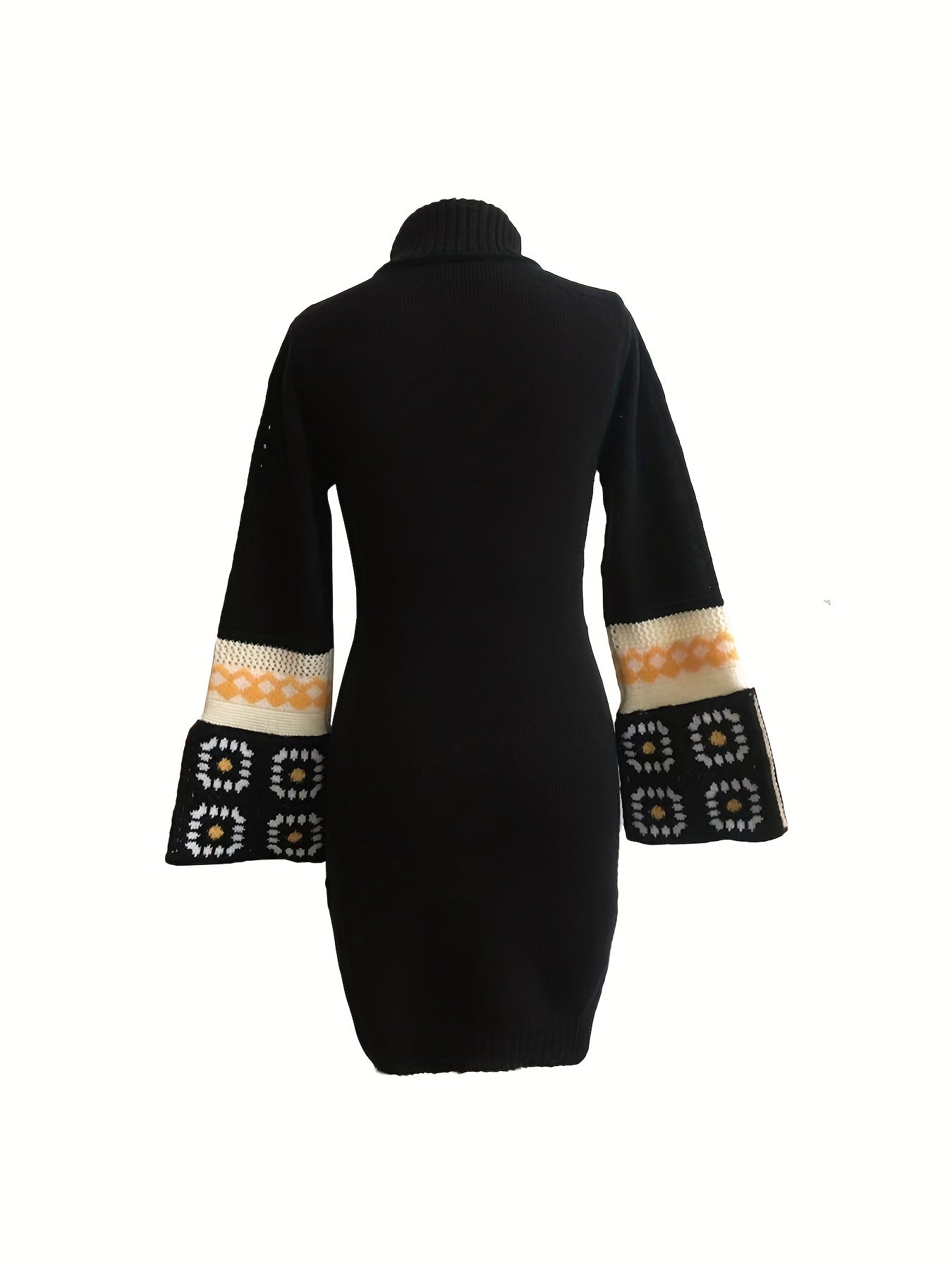 Antmvs Hippie Patchwork Turtleneck Knitted Sweater Dress, Casual Flared Cuff Long Sleeve Dress, Women's Clothing