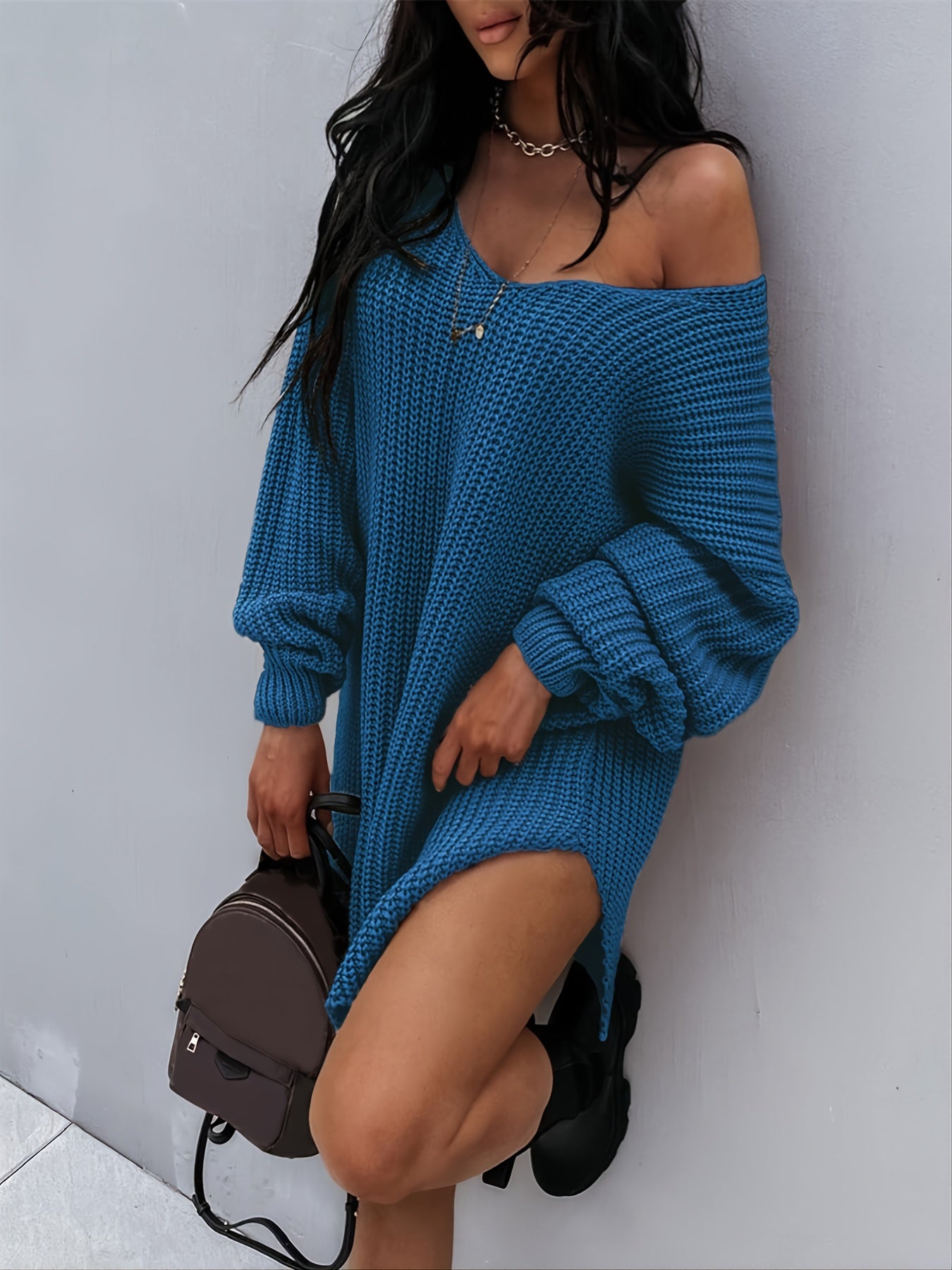 Antmvs Lantern Sleeve Knitted V-neck Sweater, Autumn And Winter New Knitted V-neck Sweater, Women's Clothing