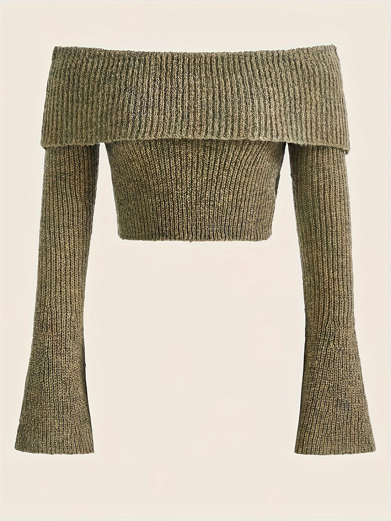 Antmvs Y2K Solid Off Shoulder Knitted Top, Bell Sleeve Crop Sweater For Spring & Fall, Women's Clothing