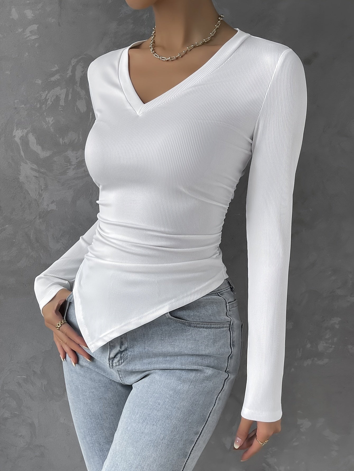Antmvs Solid V Neck Ruched Hanky Hem T-Shirt, Casual Long Sleeve Top For Spring & Fall, Women's Clothing