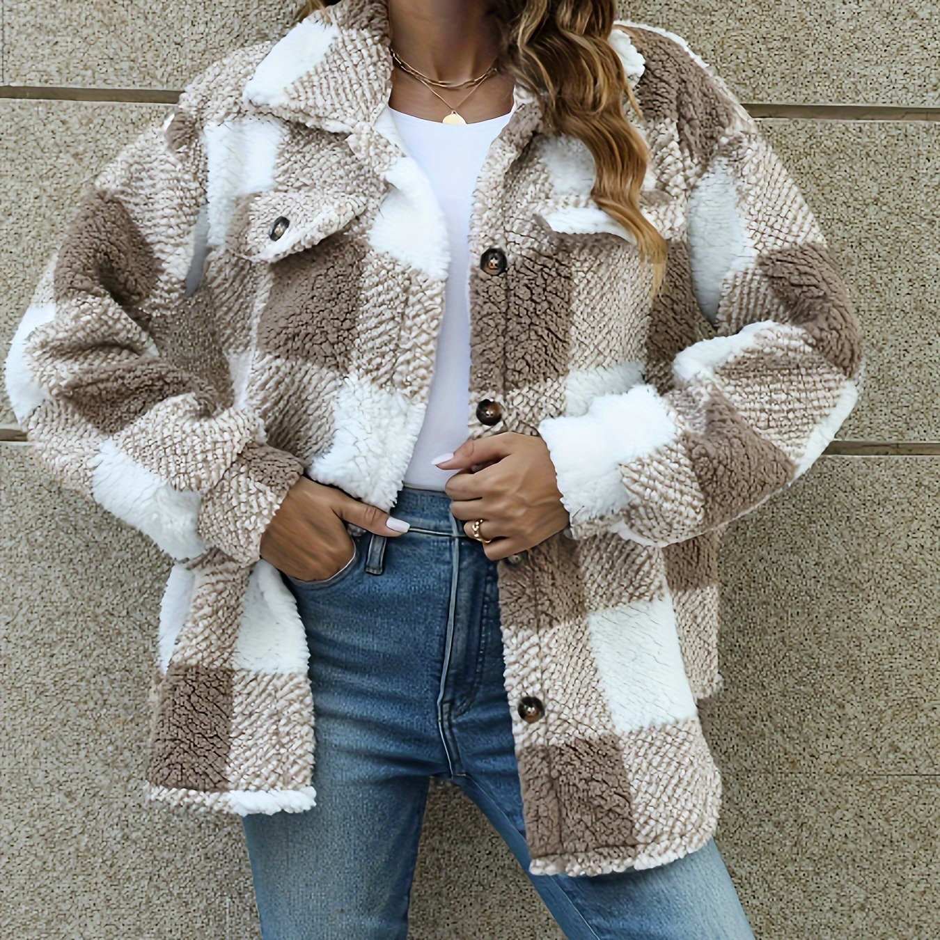 Antmvs Plaid Pattern Teddy Coat, Casual Button Front Long Sleeve Winter Outerwear, Women's Clothing