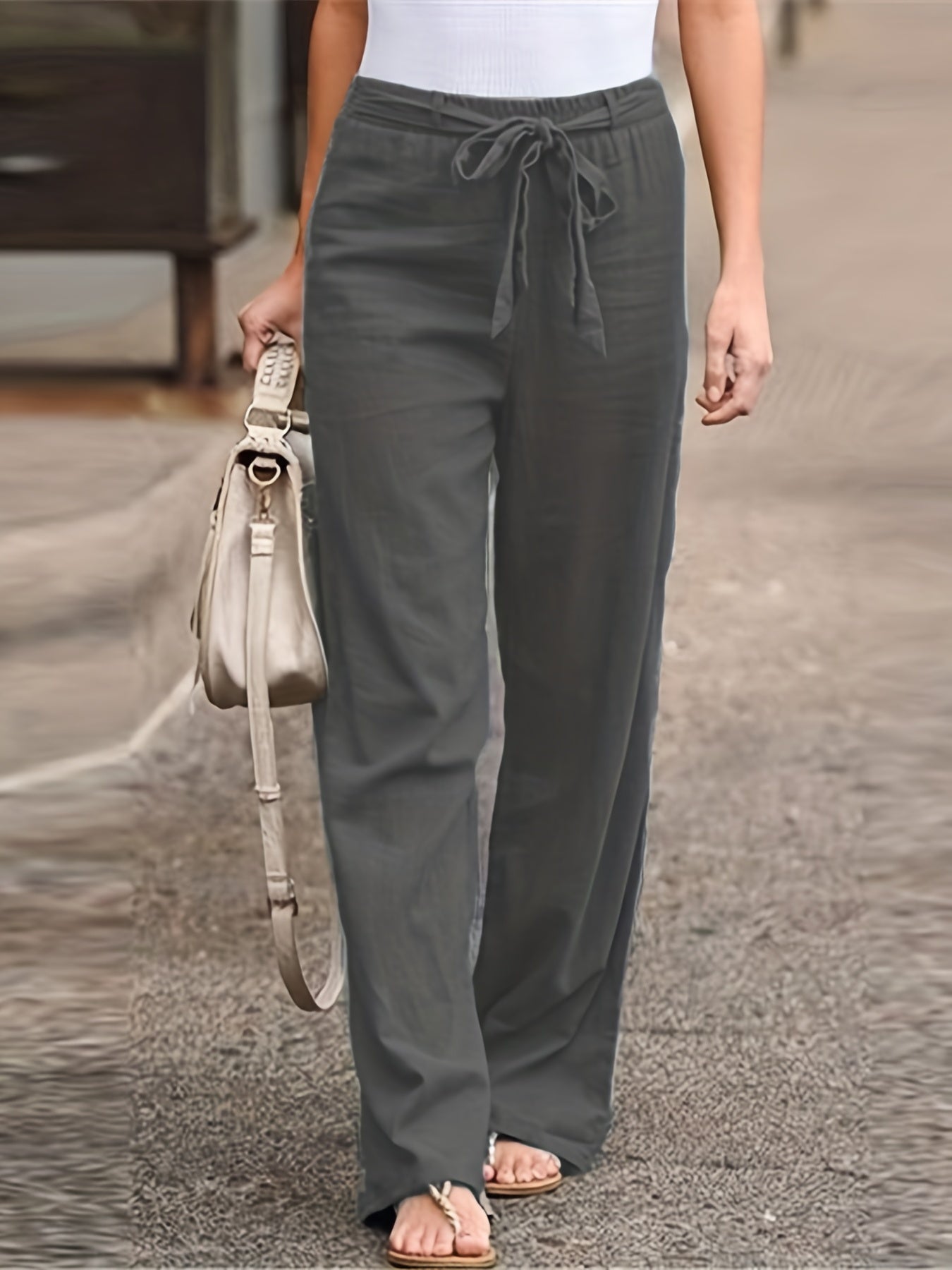 Antmvs Solid Tie Waist Pants, Casual High Waist Wide Leg Long Length Pants, Women's Clothing