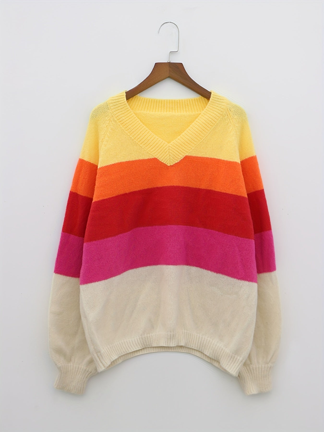 Antmvs Plus Size Casual Sweater, Women's Plus Colorblock Stripe Print Lantern Sleeve V Neck Jumper