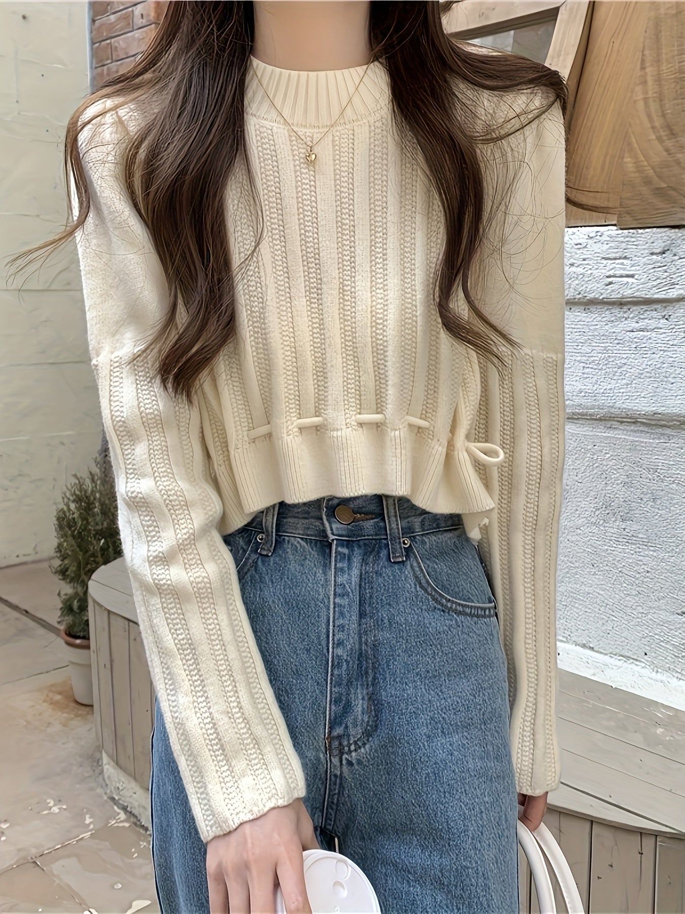 Antmvs Solid Drawstring Hem Crop Sweater, Casual Mock Neck Long Sleeve Sweater For Fall & Winter, Women's Clothing