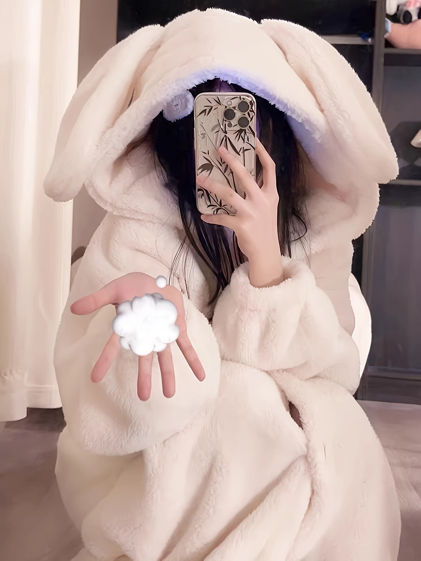 Antmvs Cute Rabbit Hooded Fleece Night Robe, Thickened Long Sleeve Button Up Robe With Pockets, Women's Sleepwear & Dresses