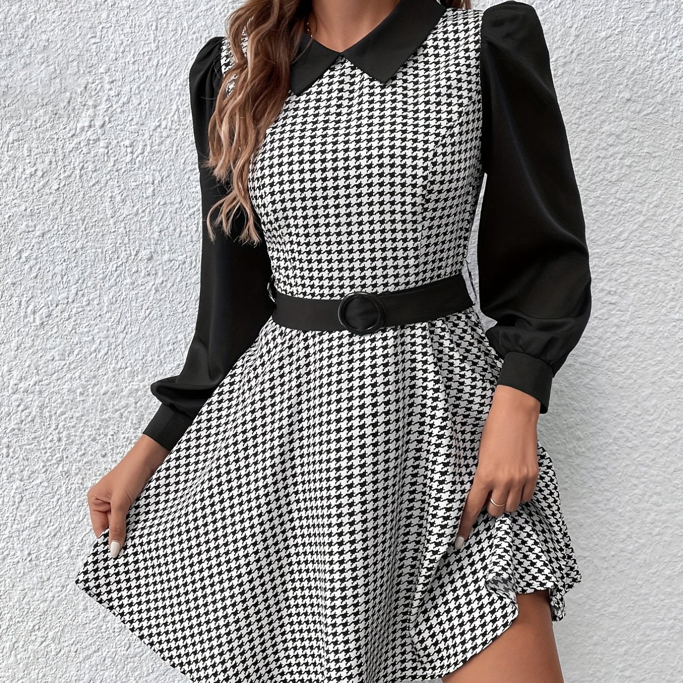 Antmvs Houndstooth Print Splicing Dress, Elegant Flat Collar Long Sleeve Dress, Women's Clothing