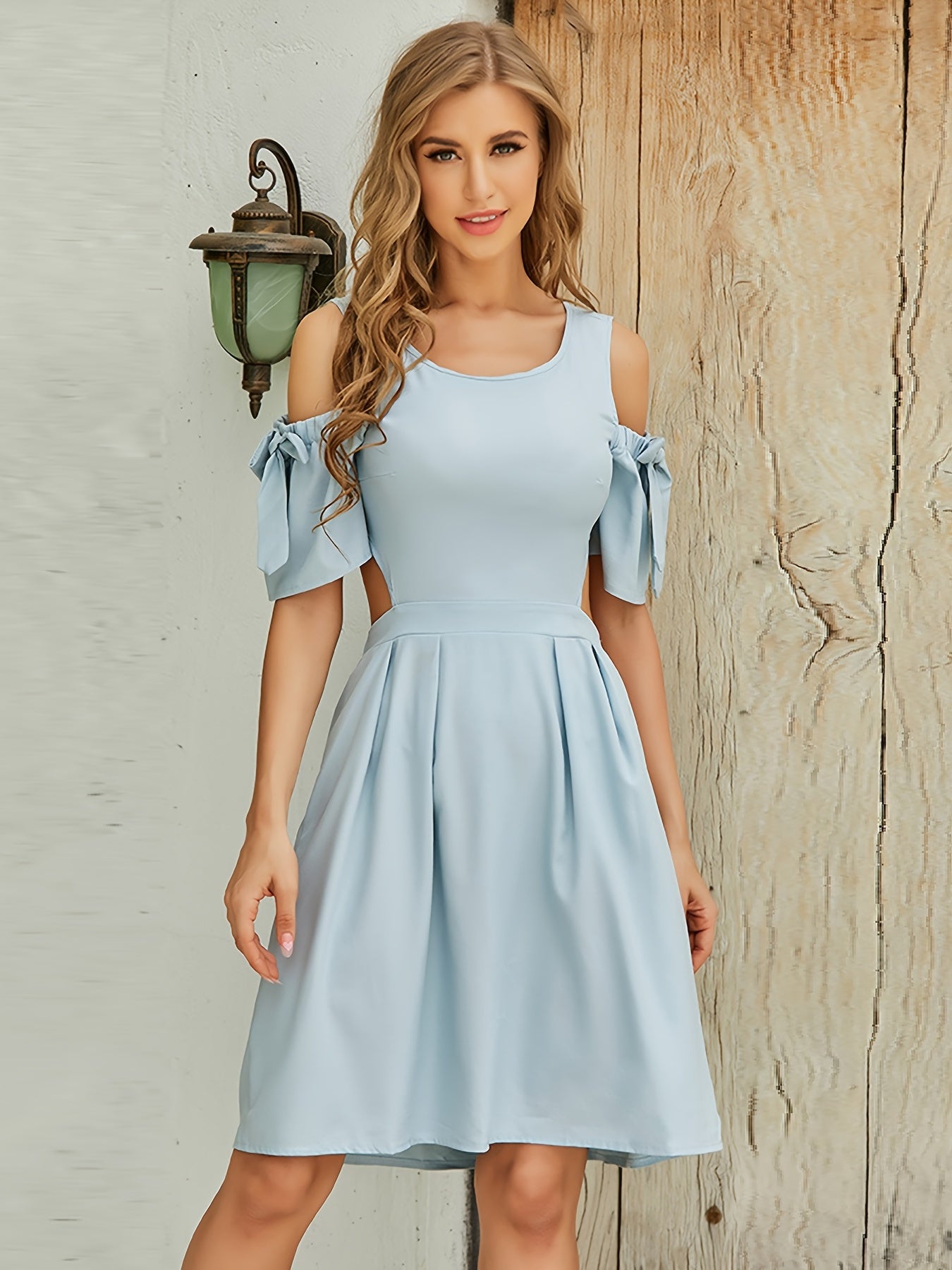 Antmvs Elegant Off Shoulder Women's High Waist Dress, Fashion Solid Slim Temperament Dress, Women's Clothing
