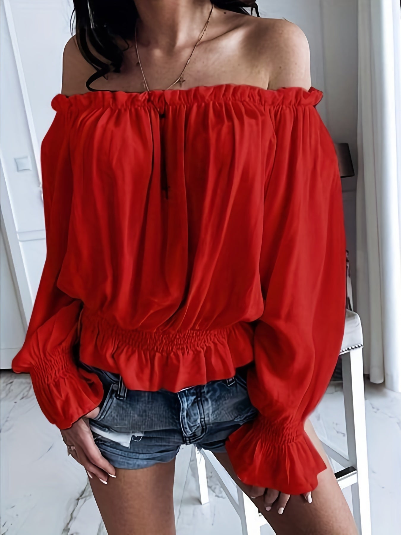 Antmvs Off Shoulder Ruffle Trim Blouse, Casual Long Sleeve Blouse For Spring & Fall, Women's Clothing