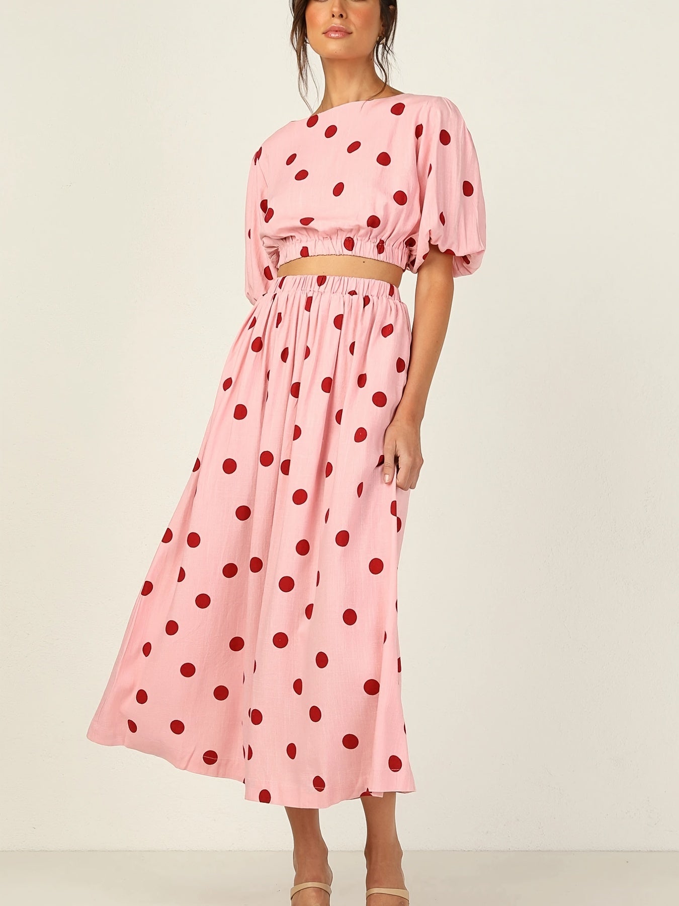 Antmvs Valentine's Day Sexy Pink Polka Dot Dresses Two-piece Set, Crew Neck Short Sleeve Tops & Long Skirt Set, Women's Clothing