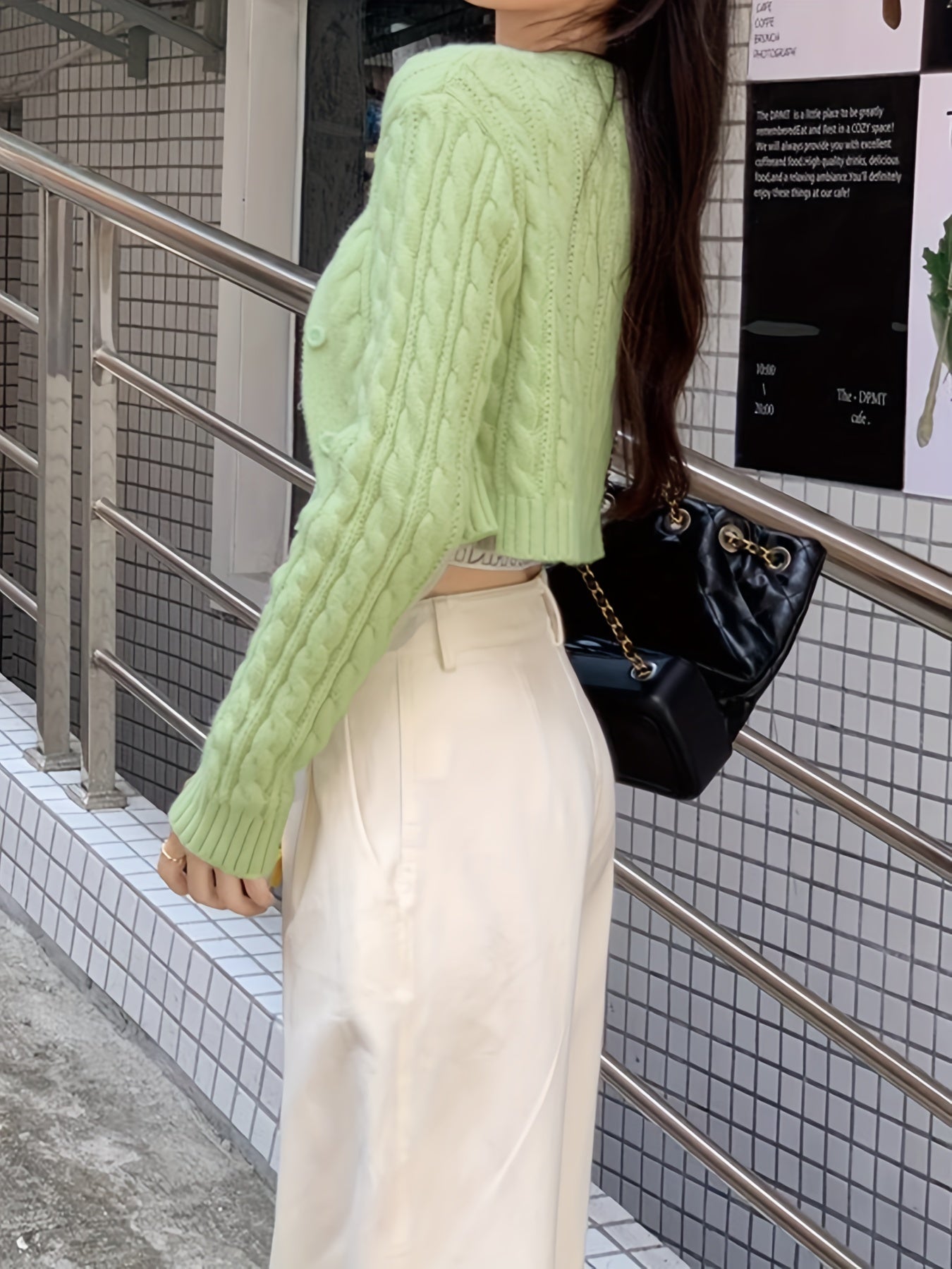 Antmvs Y2K Solid Button Up Cable Knit Cardigan, Casual Long Sleeve Crop Sweater, Women's Clothing