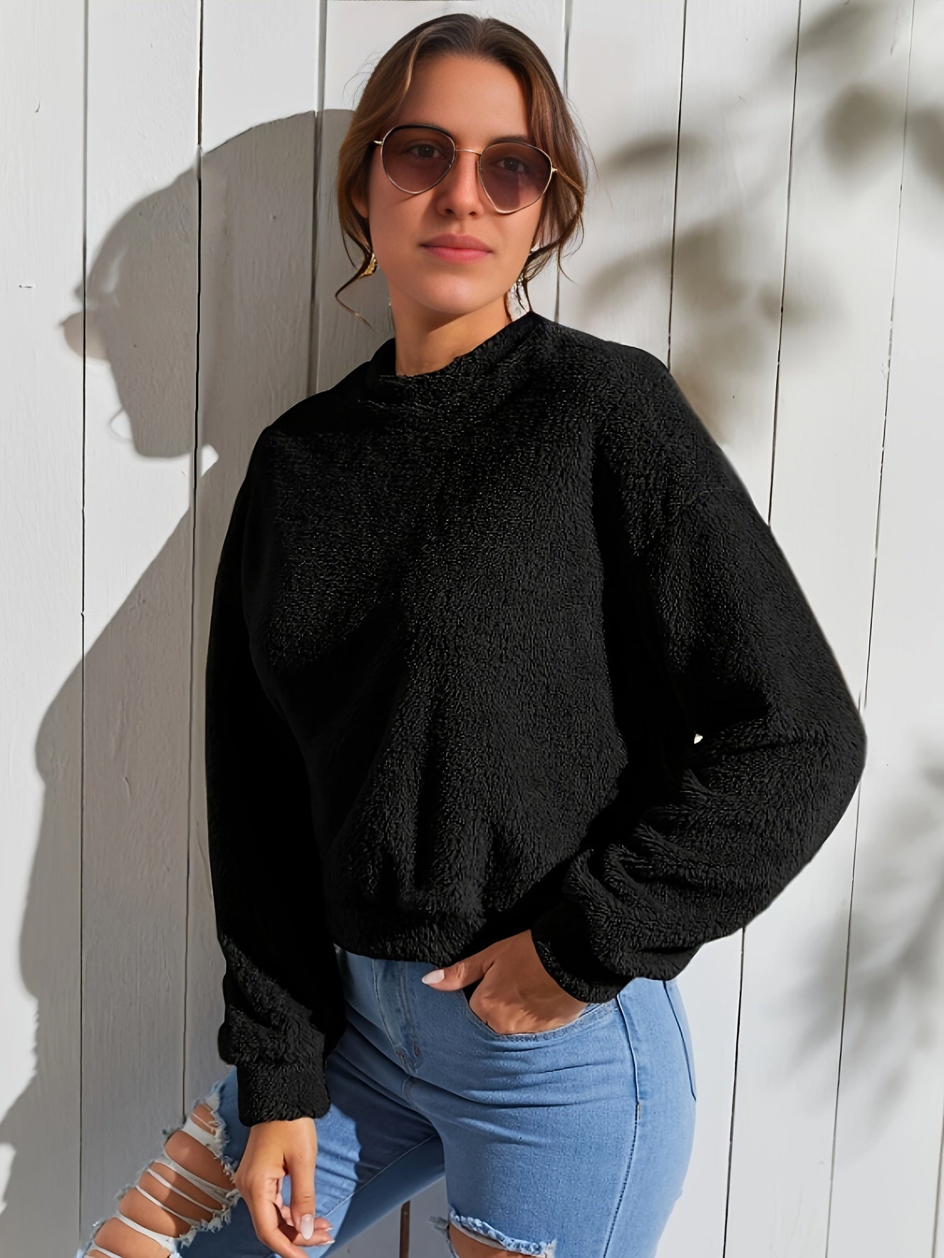 Antmvs Solid Color Drop Shoulder Crew Neck Plush Casual Pullover, Women's Sports Sweatshirt