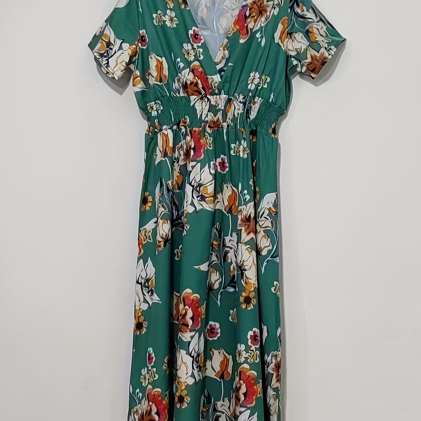 Antmvs Floral Print Surplice Neck Dress, Boho Short Sleeve Shirred Waist Dress, Women's Clothing