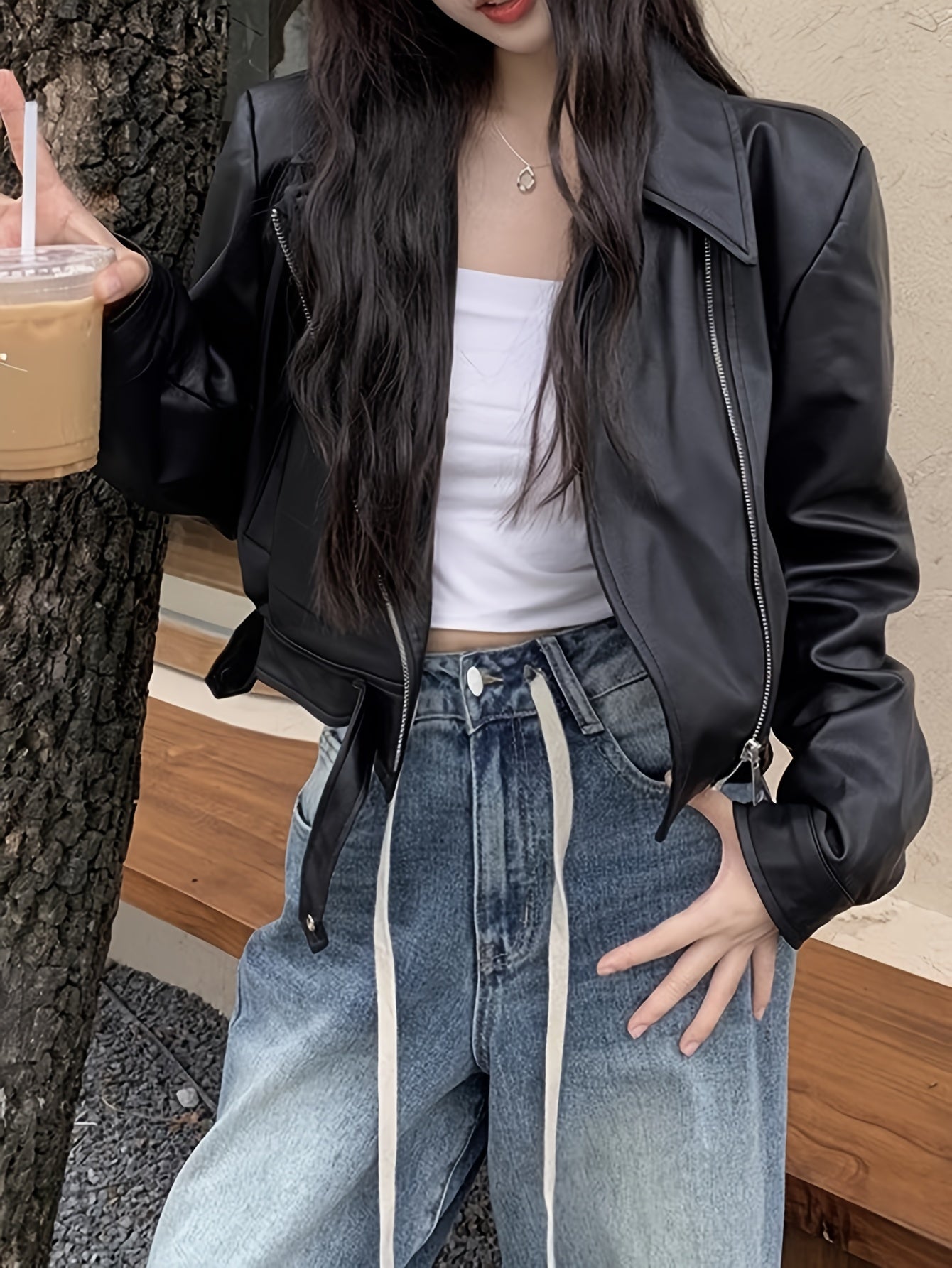 Antmvs Faux Leather Zip-up Jacket, Casual Long Sleeve Crop Biker Jacket For Fall & Winter, Women's Clothing