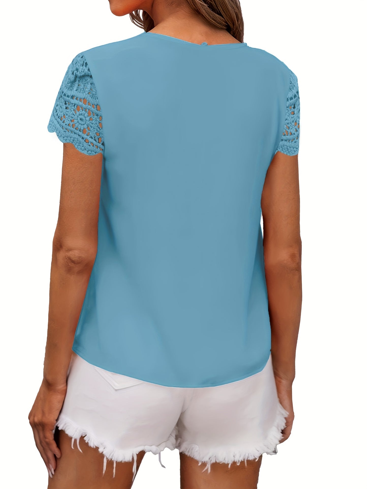 Antmvs Casual Solid Crew Neck Blouses, Sexy Chiffon Lace Short Sleeve Fashion Loose Slim Fit Tops, Women's Clothing