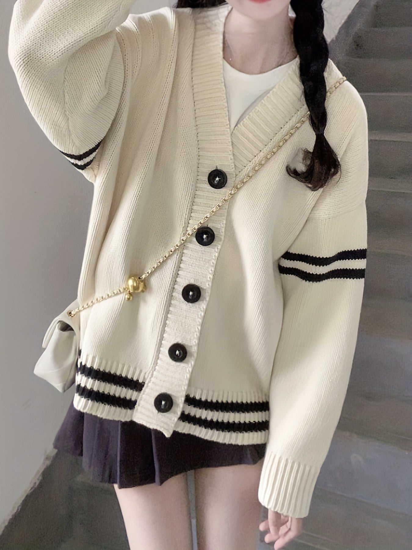 Antmvs Striped Button V-neck Cardigan, Casual Long Sleeve Cardigan For Fall & Winter, Women's Clothing
